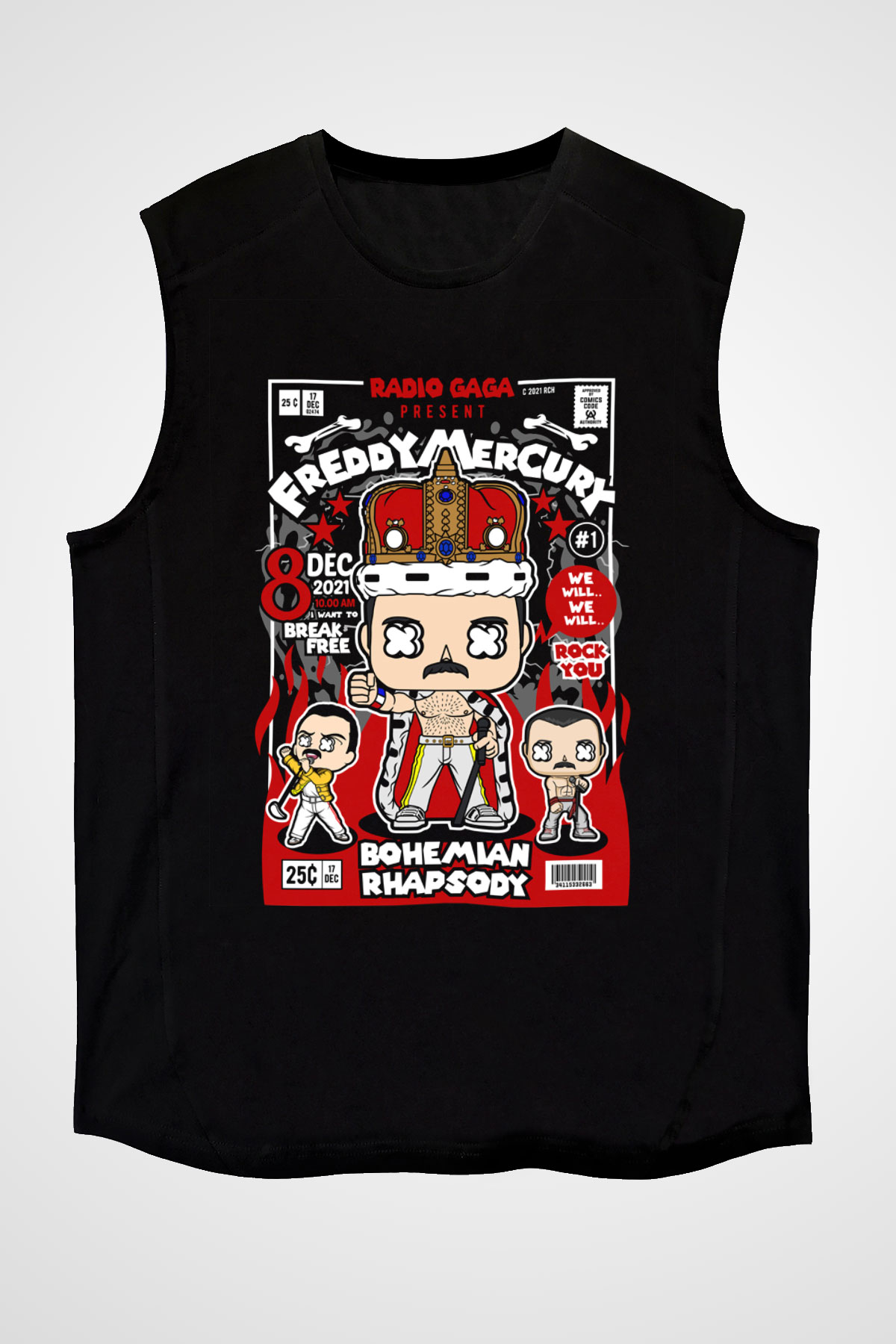 Freddy Mercury Baskılı Unisex Siyah Kolsuz Tişört