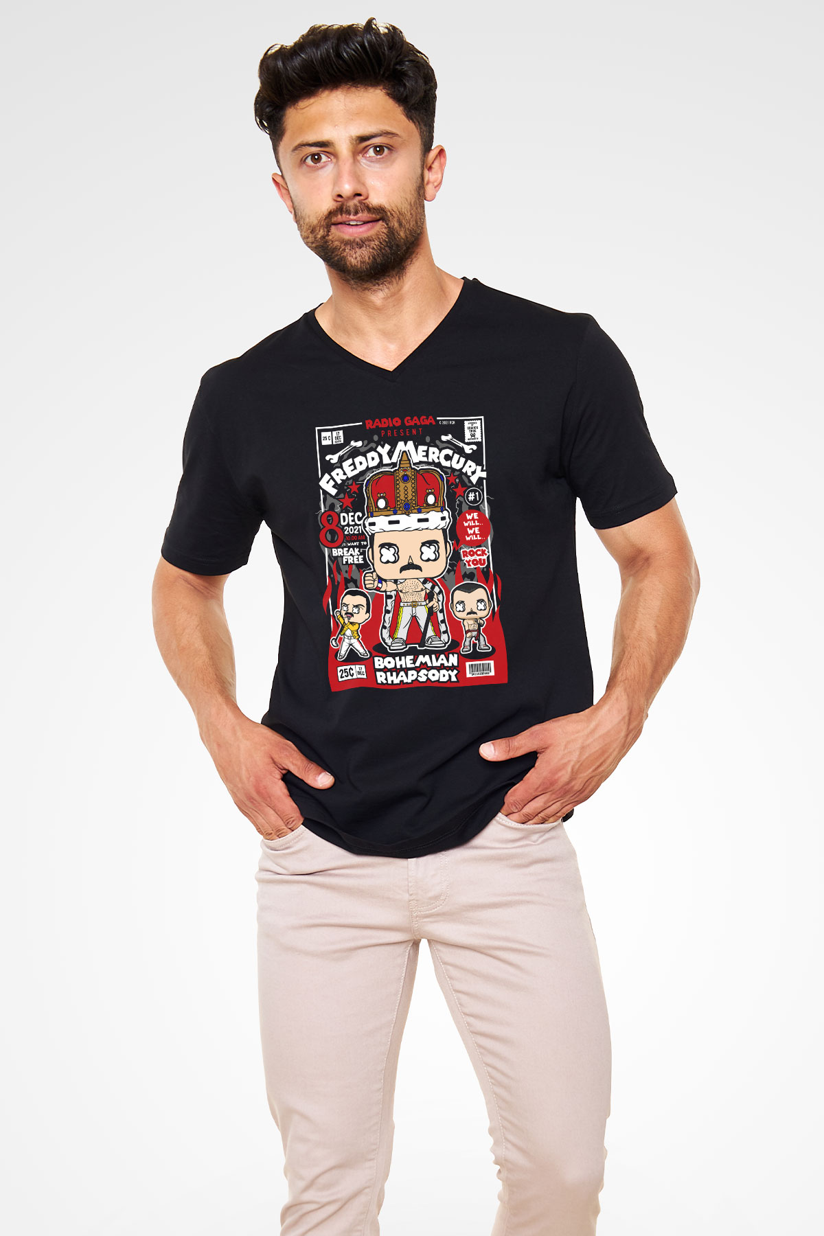 Freddy Mercury Baskılı Unisex Siyah V Yaka Tişört