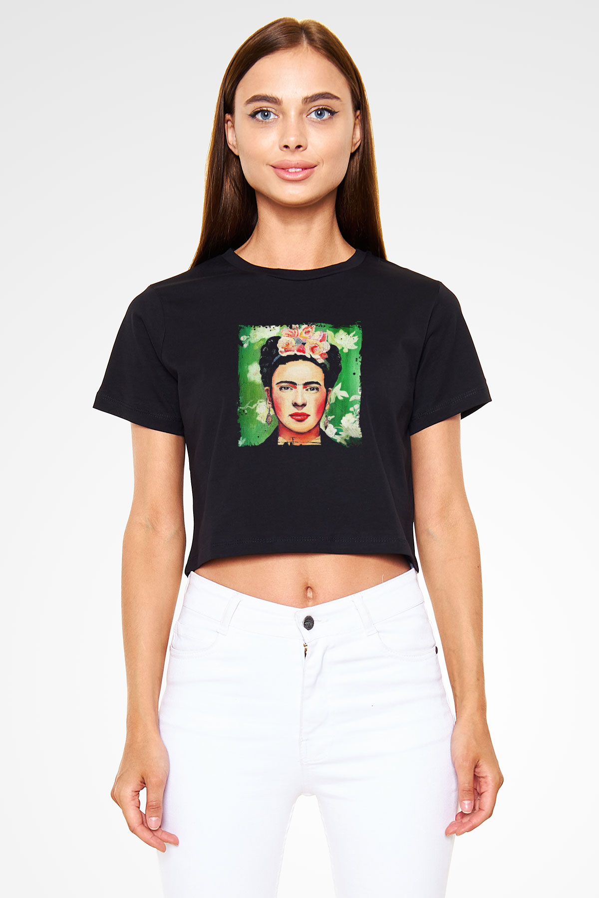 Frida Kahlo Baskılı Siyah Kadın Crop Top Tişört