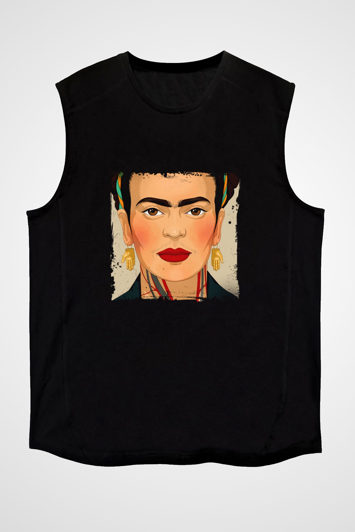 Frida Kahlo Baskılı Unisex Siyah Kolsuz Tişört
