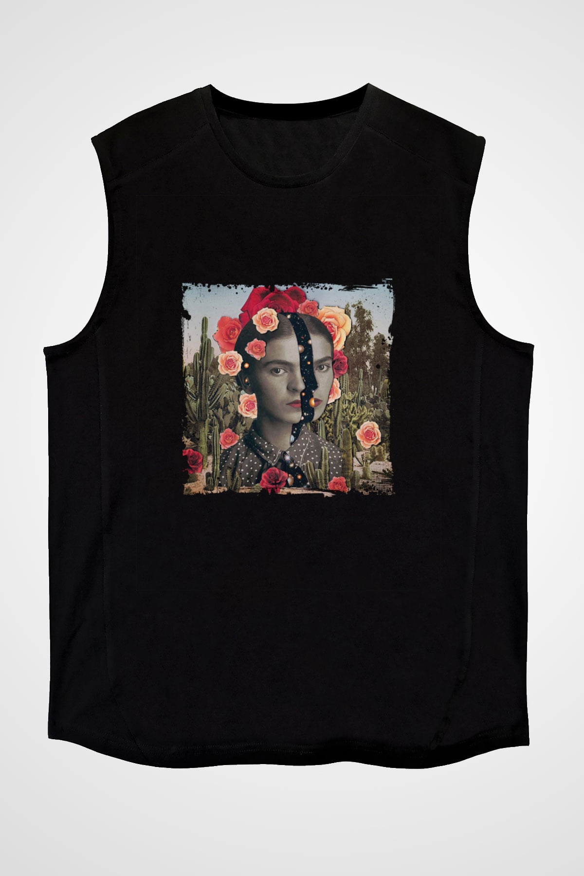 Frida Kahlo Baskılı Unisex Siyah Kolsuz Tişört