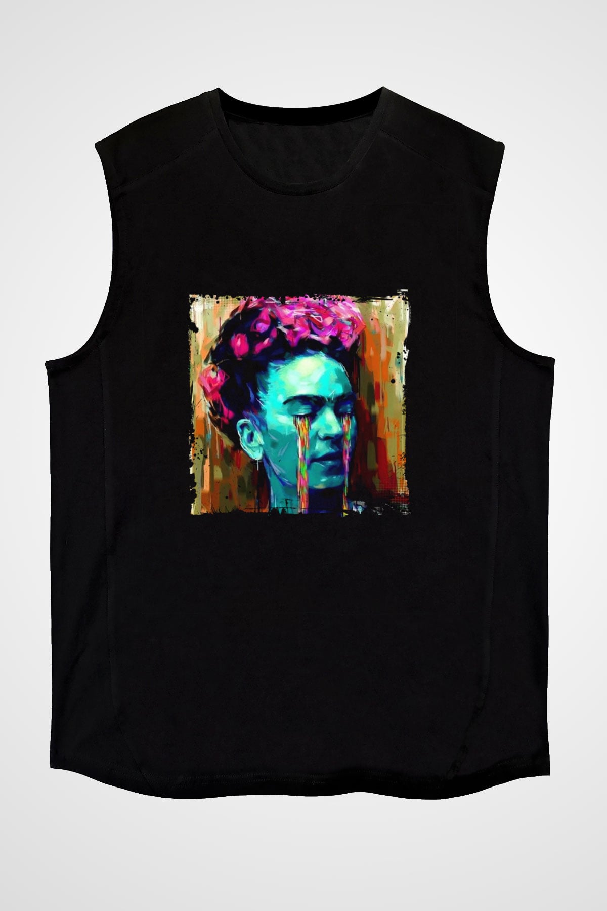 Frida Kahlo Baskılı Unisex Siyah Kolsuz Tişört
