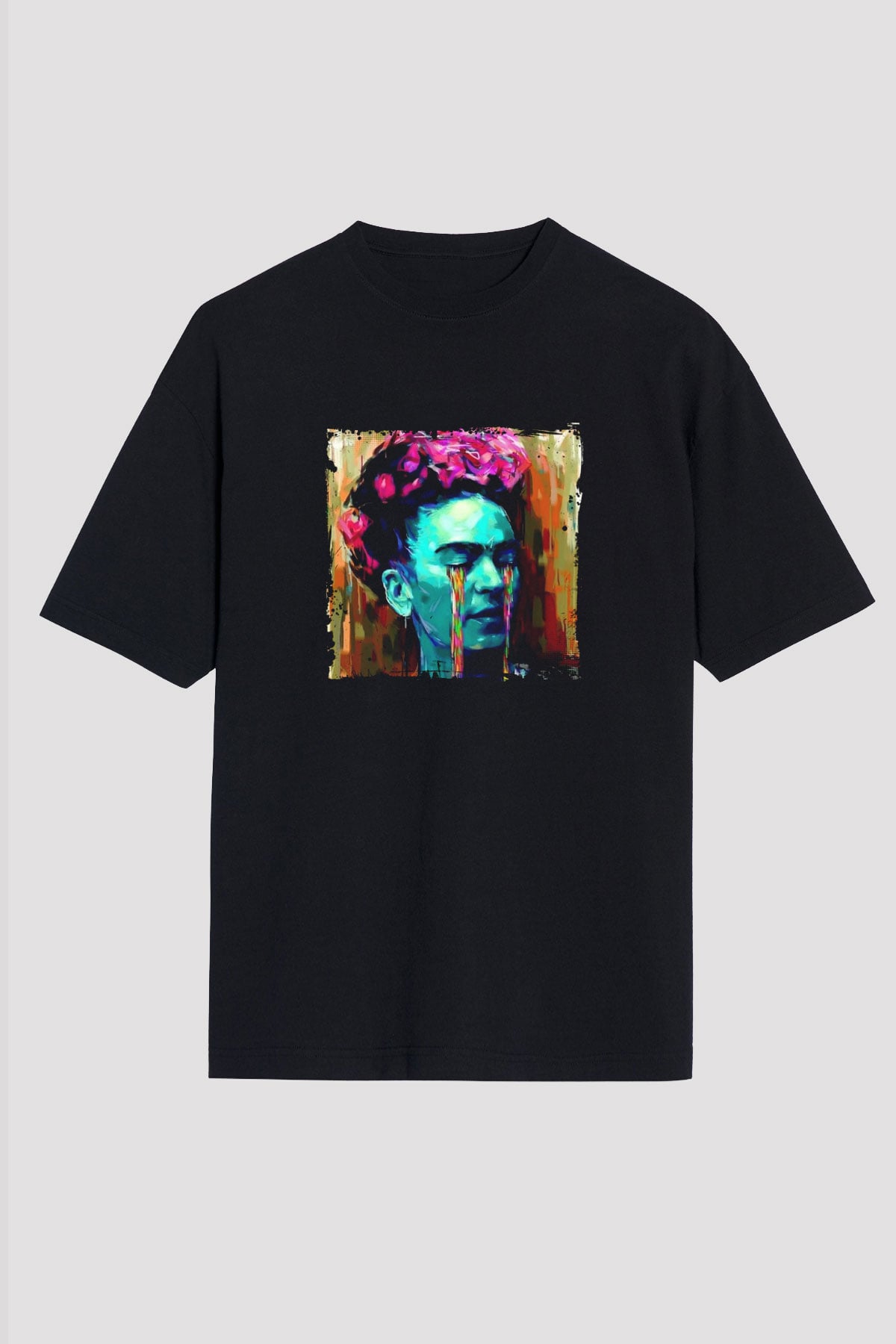 Frida Kahlo Baskılı Unisex Siyah Oversize Tişört