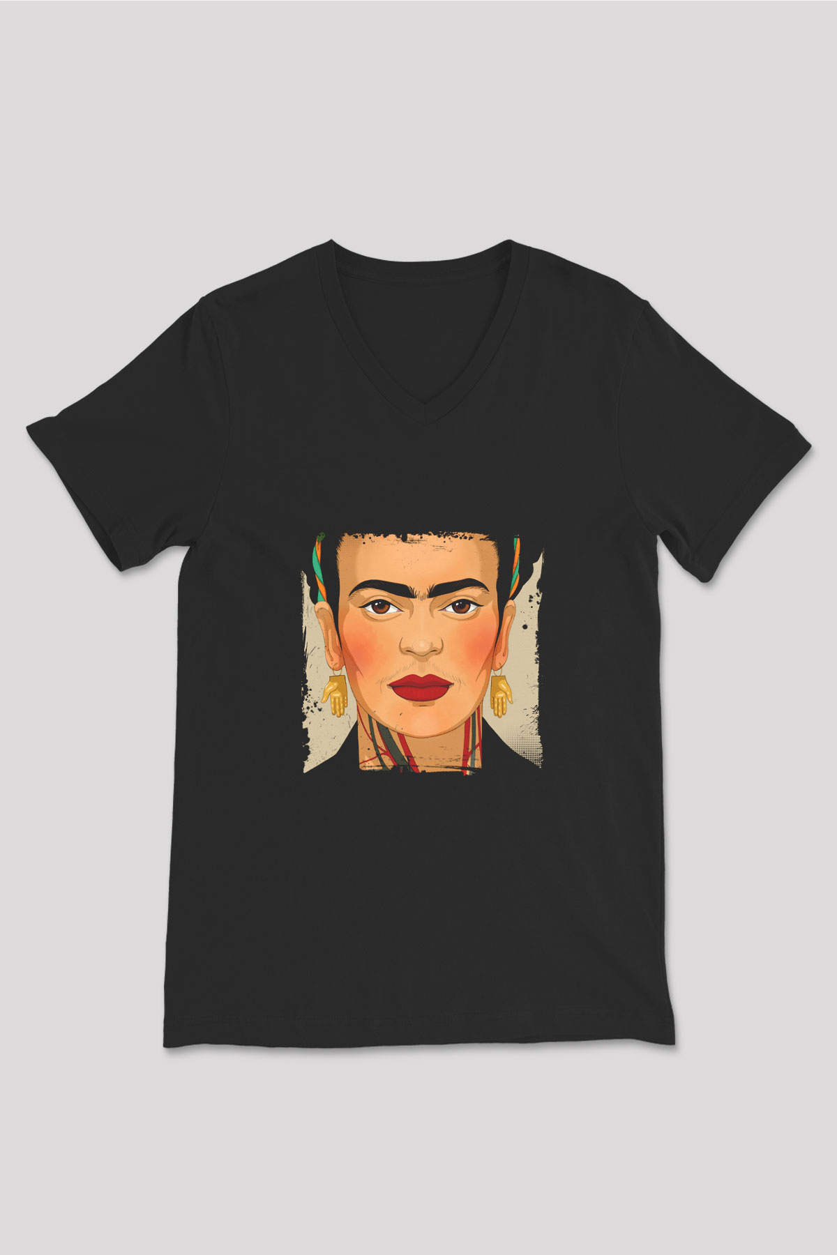 Frida Kahlo Baskılı Unisex Siyah V Yaka Tişört