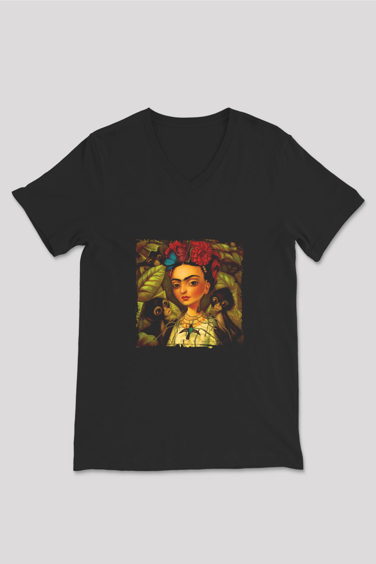 Frida Kahlo Baskılı Unisex Siyah V Yaka Tişört