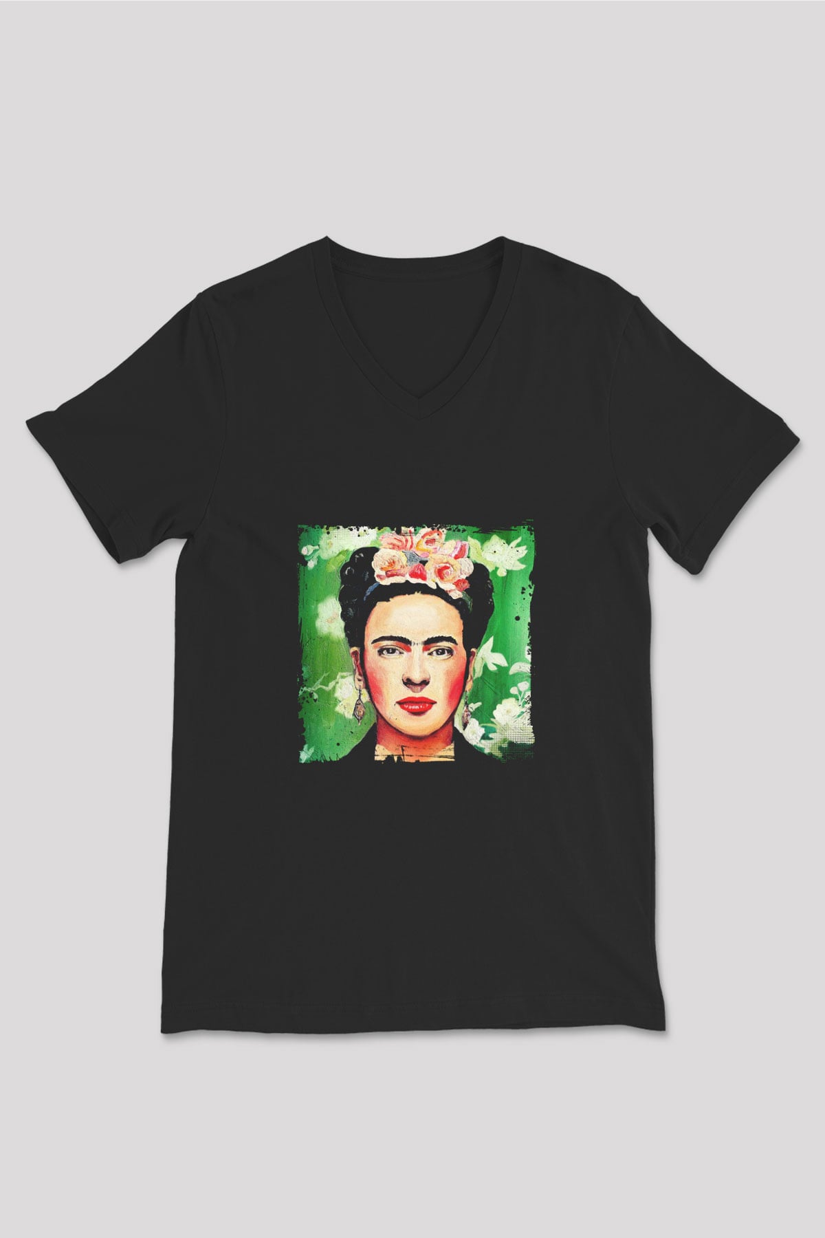 Frida Kahlo Baskılı Unisex Siyah V Yaka Tişört