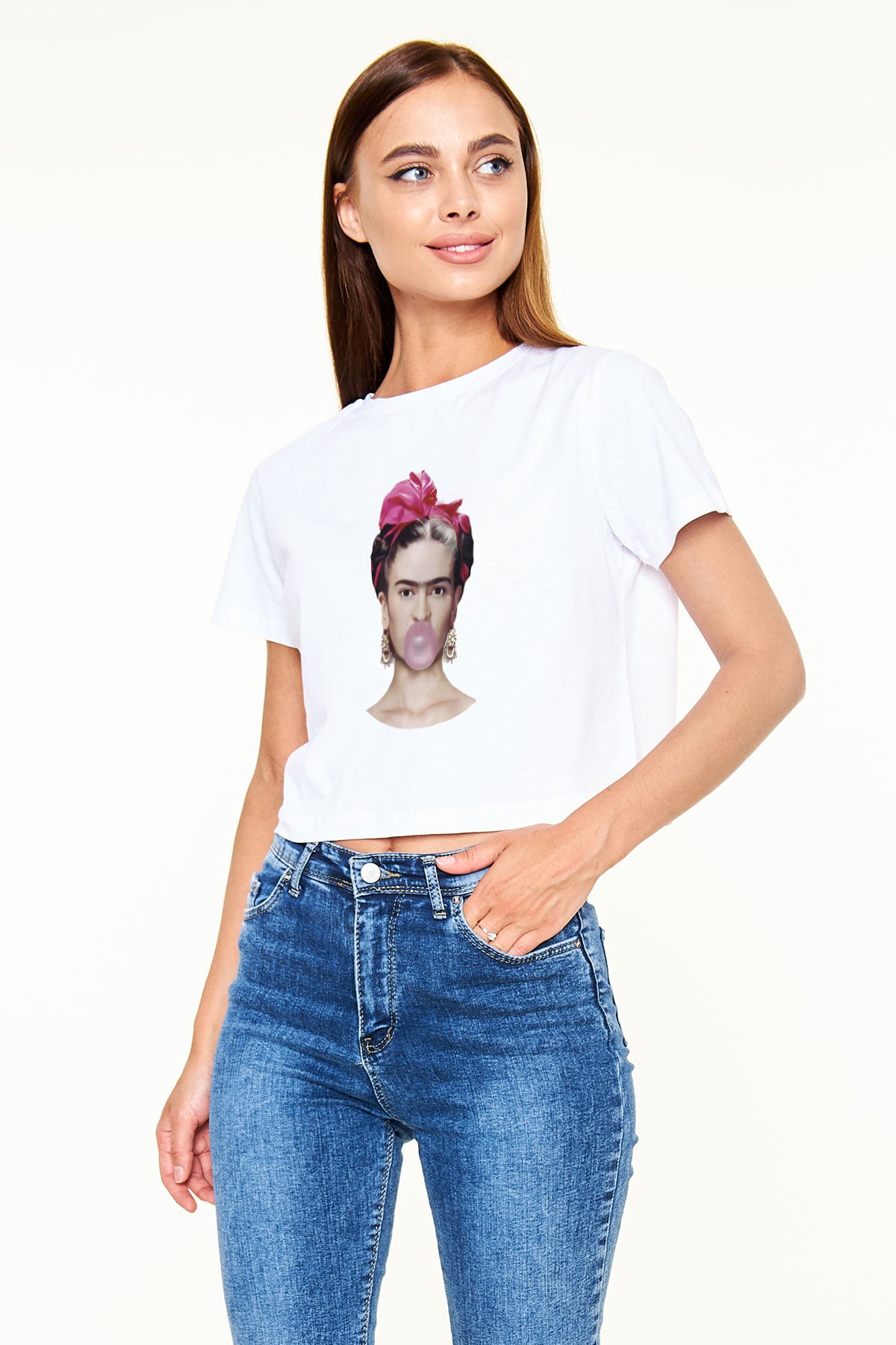 Frida Kahlo Beyaz Croptop Tişört