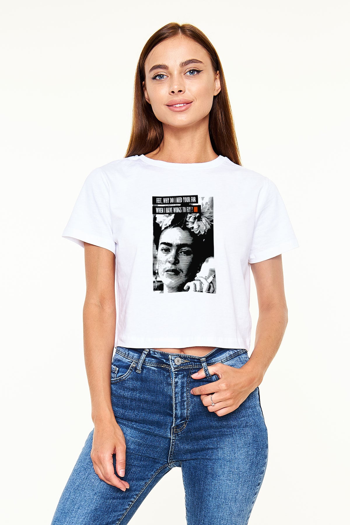 Frida Kahlo Beyaz Croptop Tişört