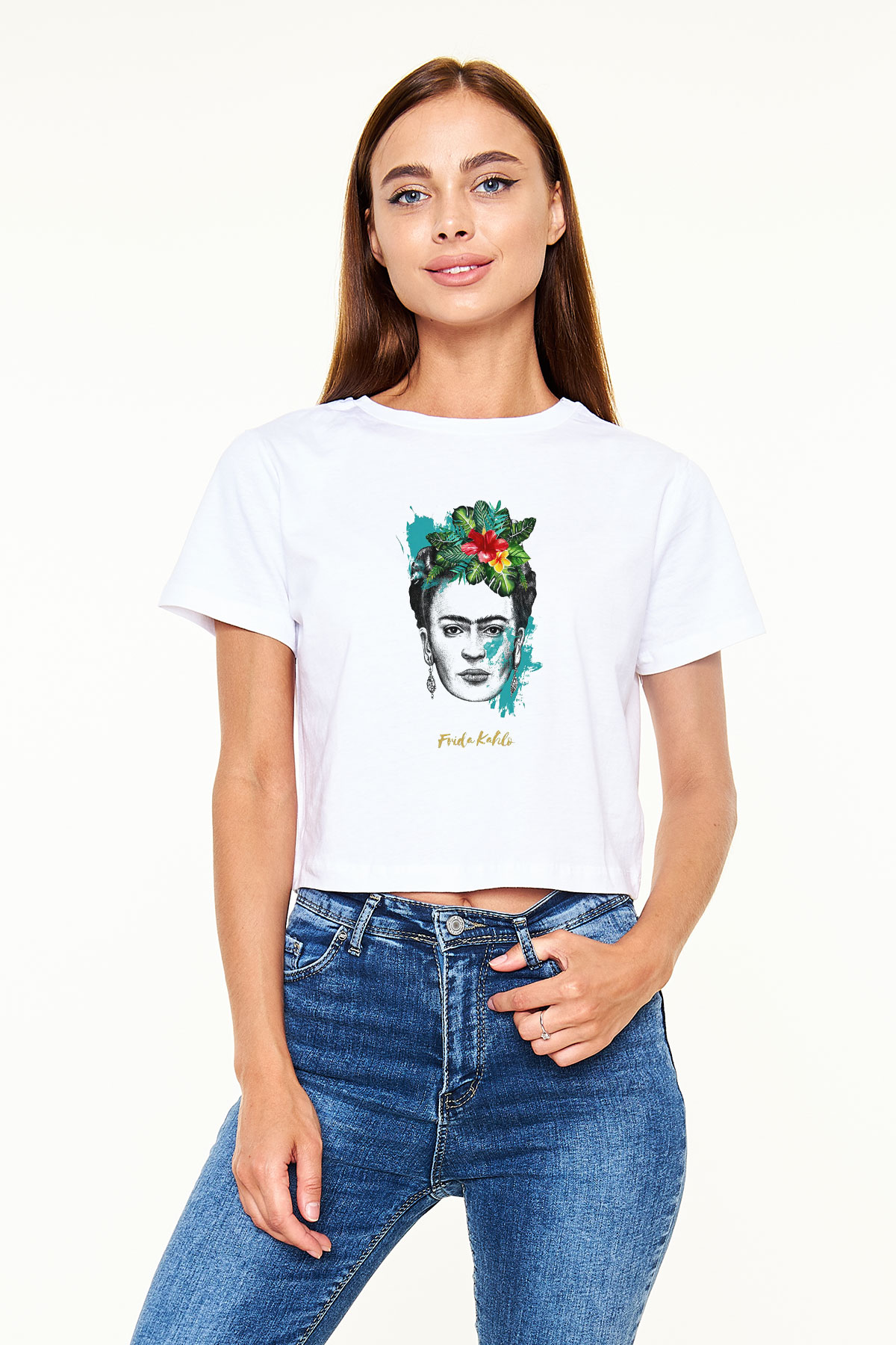 Frida Kahlo Beyaz Croptop Tişört