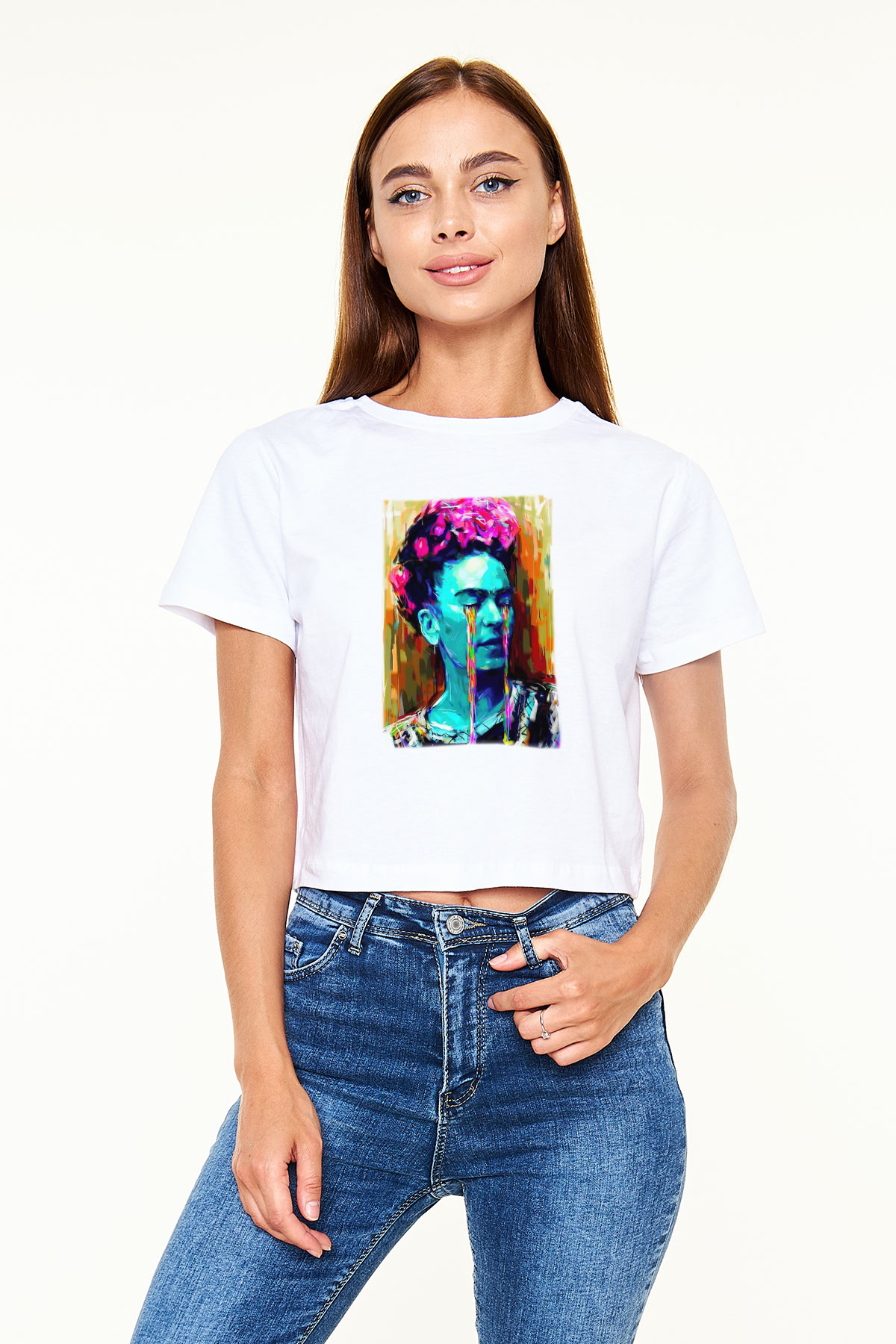 Frida Kahlo Beyaz Croptop Tişört