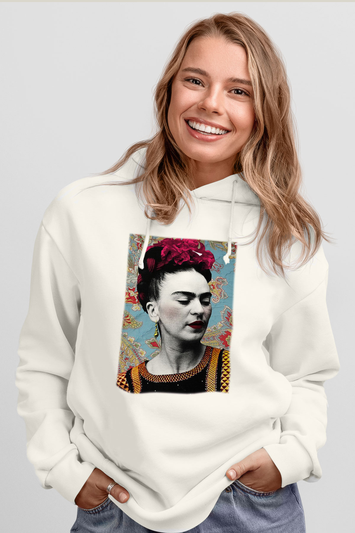 Frida Kahlo Beyaz Unisex Kapşonlu Sweatshirt