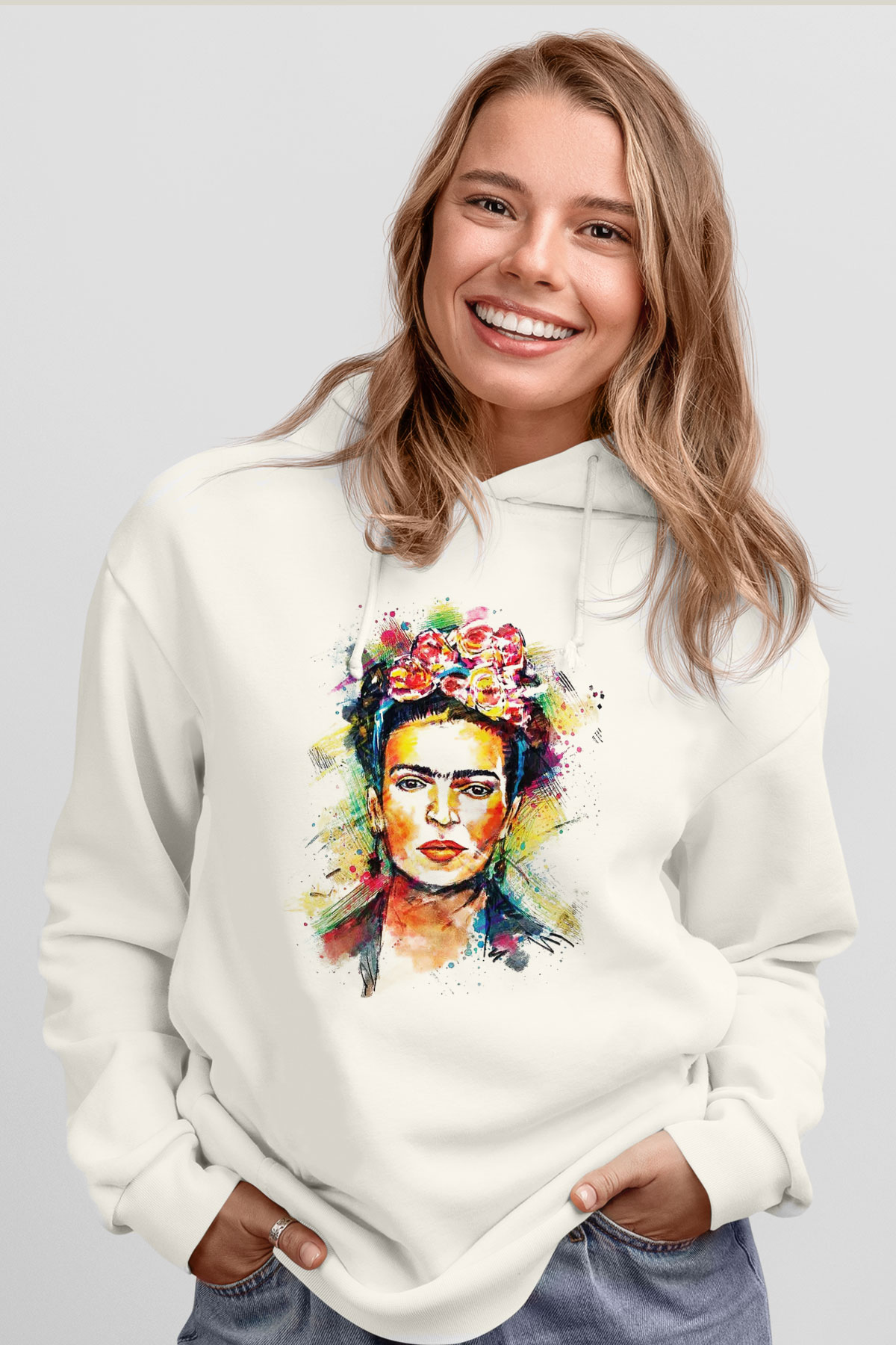 Frida Kahlo Beyaz Unisex Kapşonlu Sweatshirt