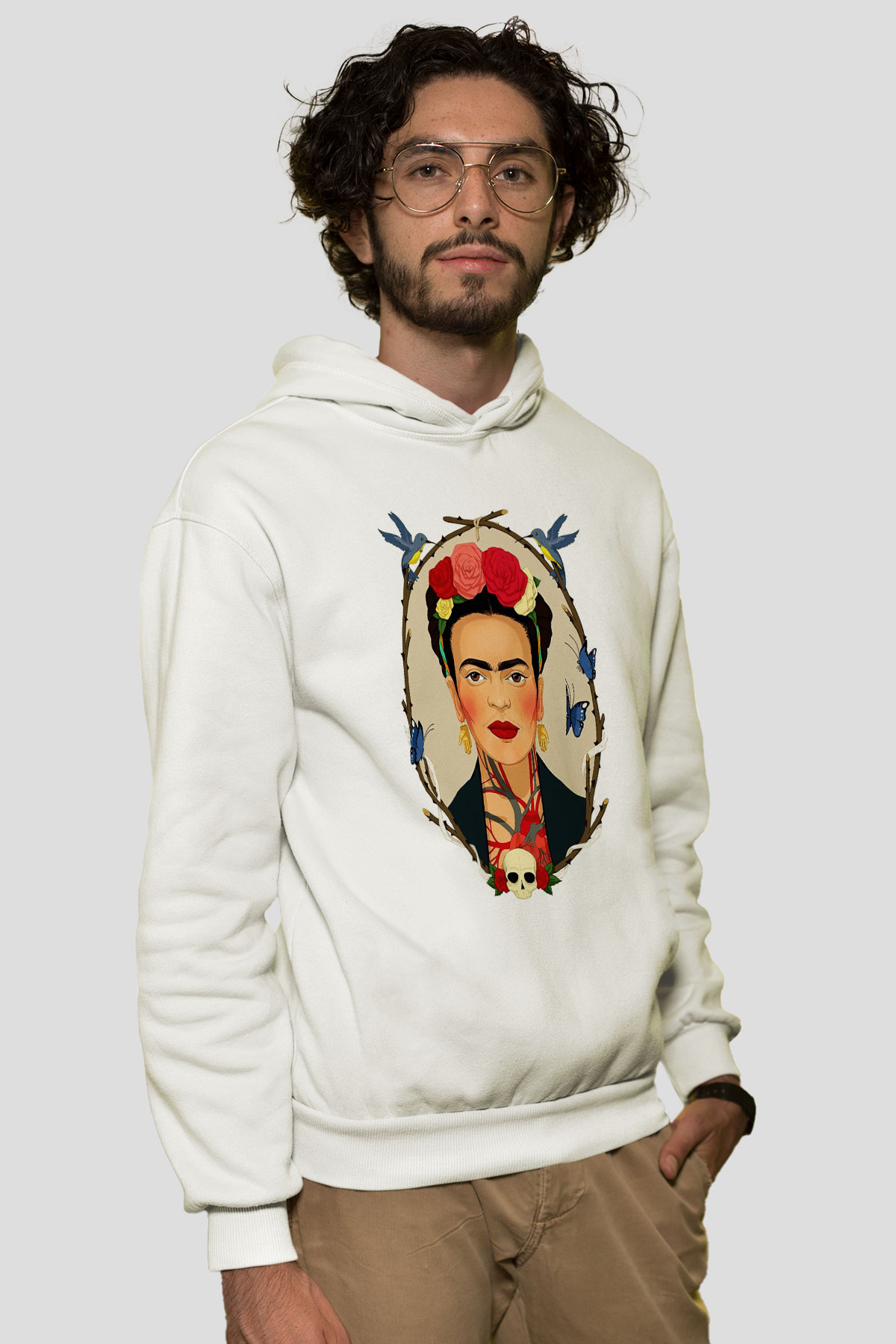 Frida Kahlo Beyaz Unisex Kapşonlu Sweatshirt