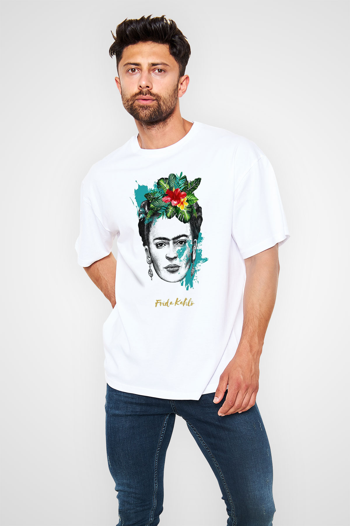 Frida Kahlo Beyaz Unisex Oversize Tişört T-Shirt