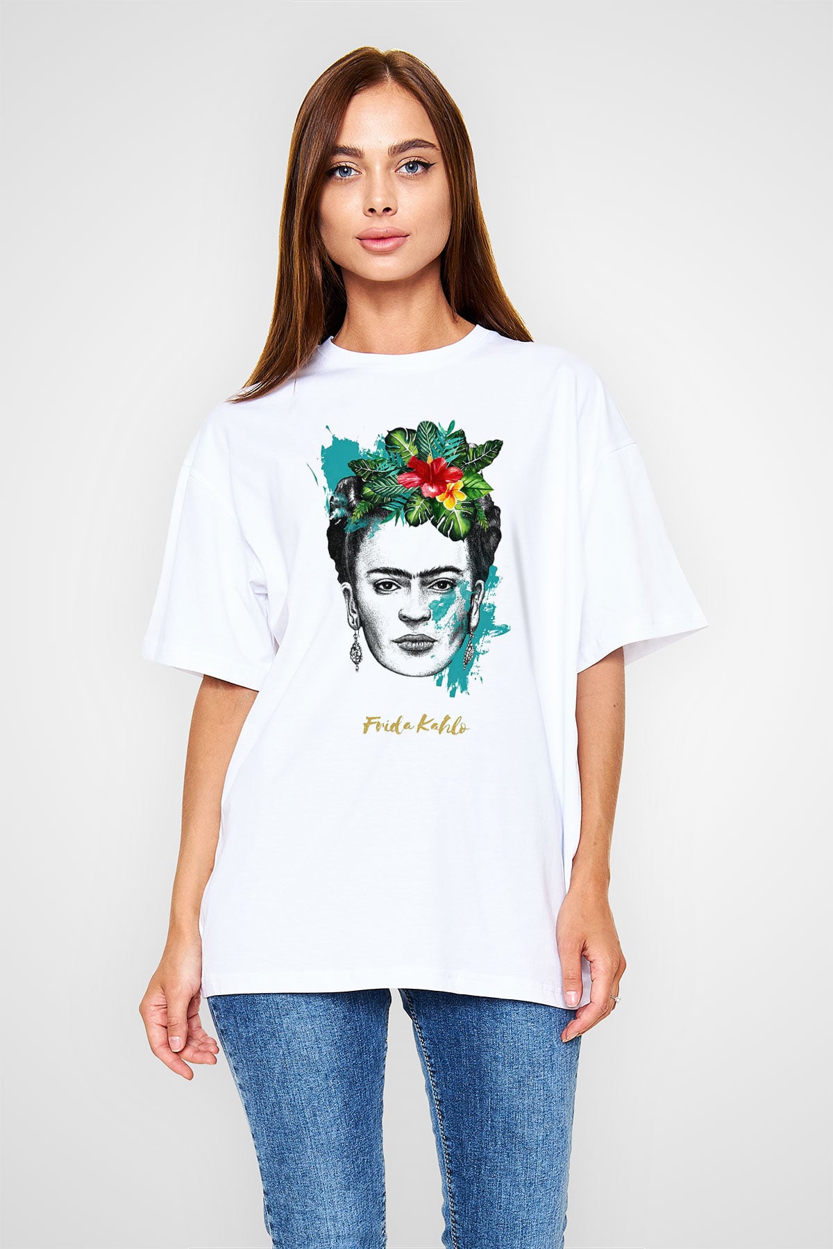 Frida Kahlo Beyaz Unisex Oversize Tişört T-Shirt