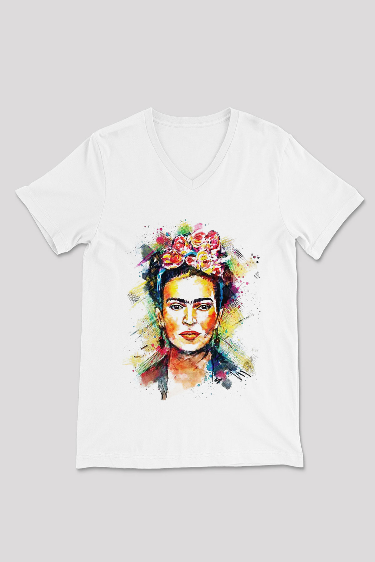 Frida Kahlo Beyaz Unisex V Yaka Tişört T-Shirt