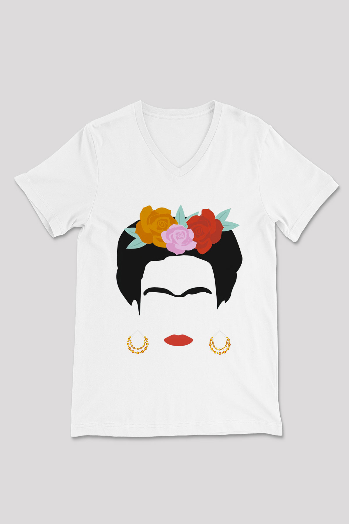Frida Kahlo Beyaz Unisex V Yaka Tişört T-Shirt