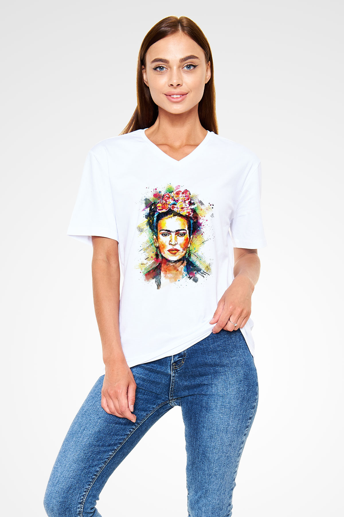 Frida Kahlo Beyaz Unisex V Yaka Tişört T-Shirt