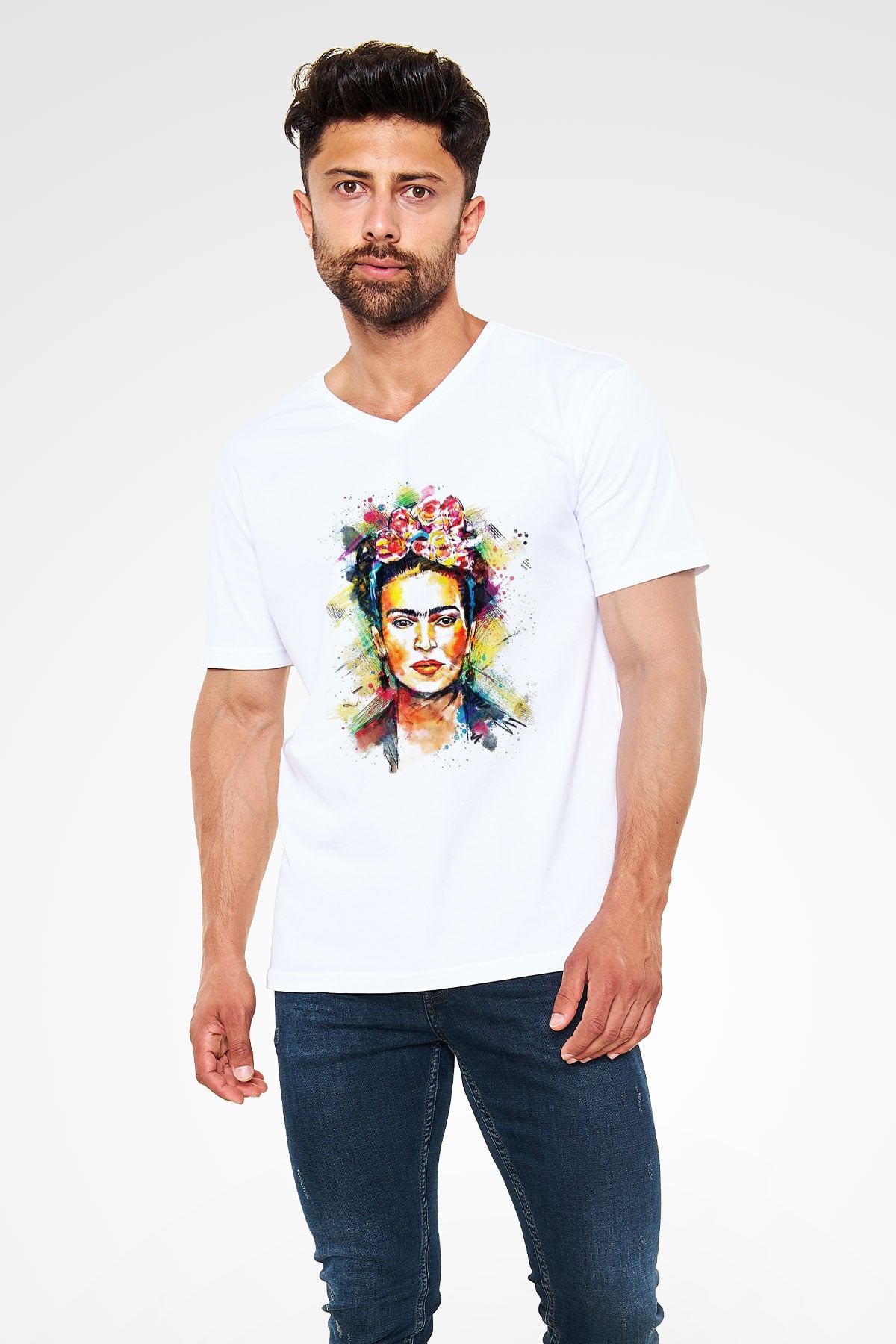 Frida Kahlo Beyaz Unisex V Yaka Tişört T-Shirt