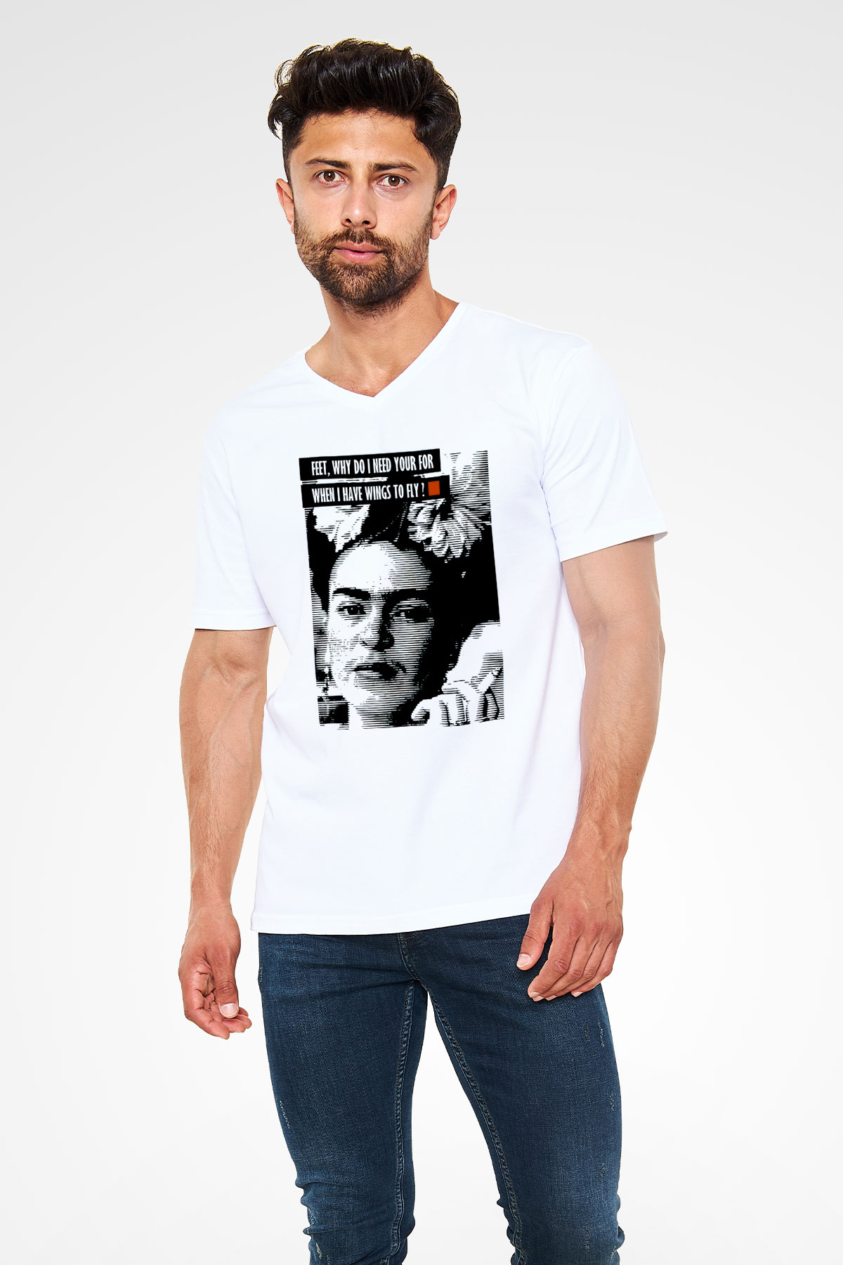 Frida Kahlo Beyaz Unisex V Yaka Tişört T-Shirt