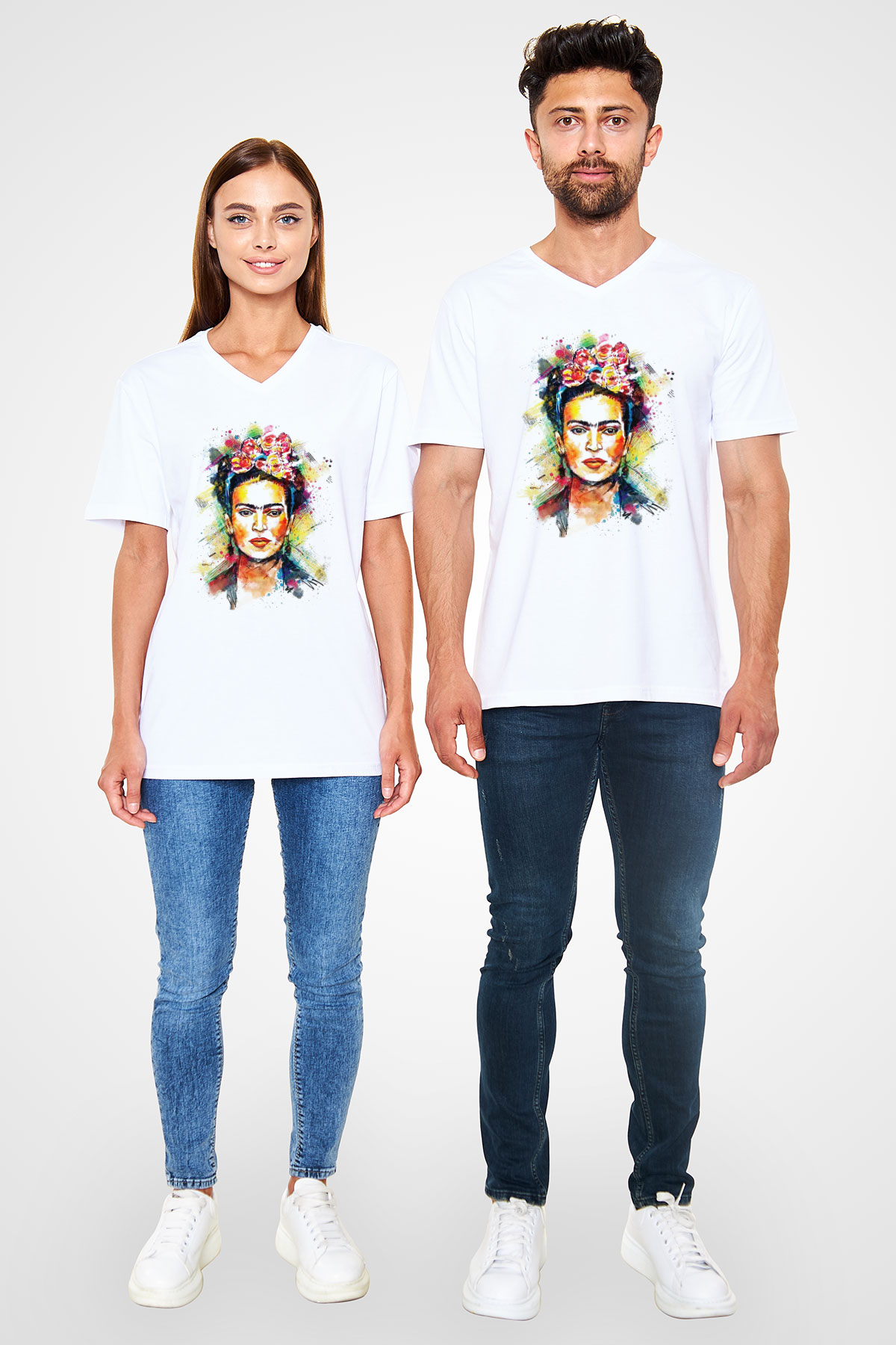 Frida Kahlo Beyaz Unisex V Yaka Tişört T-Shirt