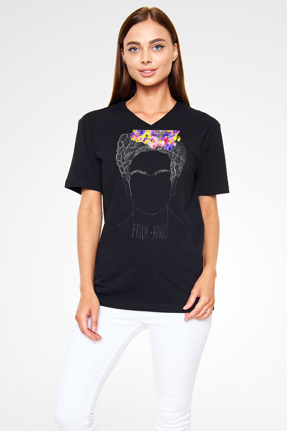 Frida Kahlo Siyah Unisex V Yaka Tişört T-Shirt