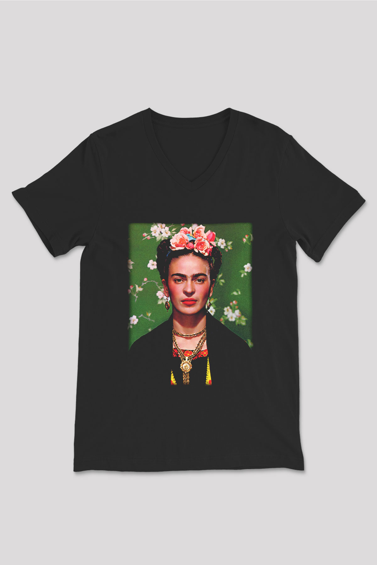 Frida Kahlo Siyah Unisex V Yaka Tişört T-Shirt