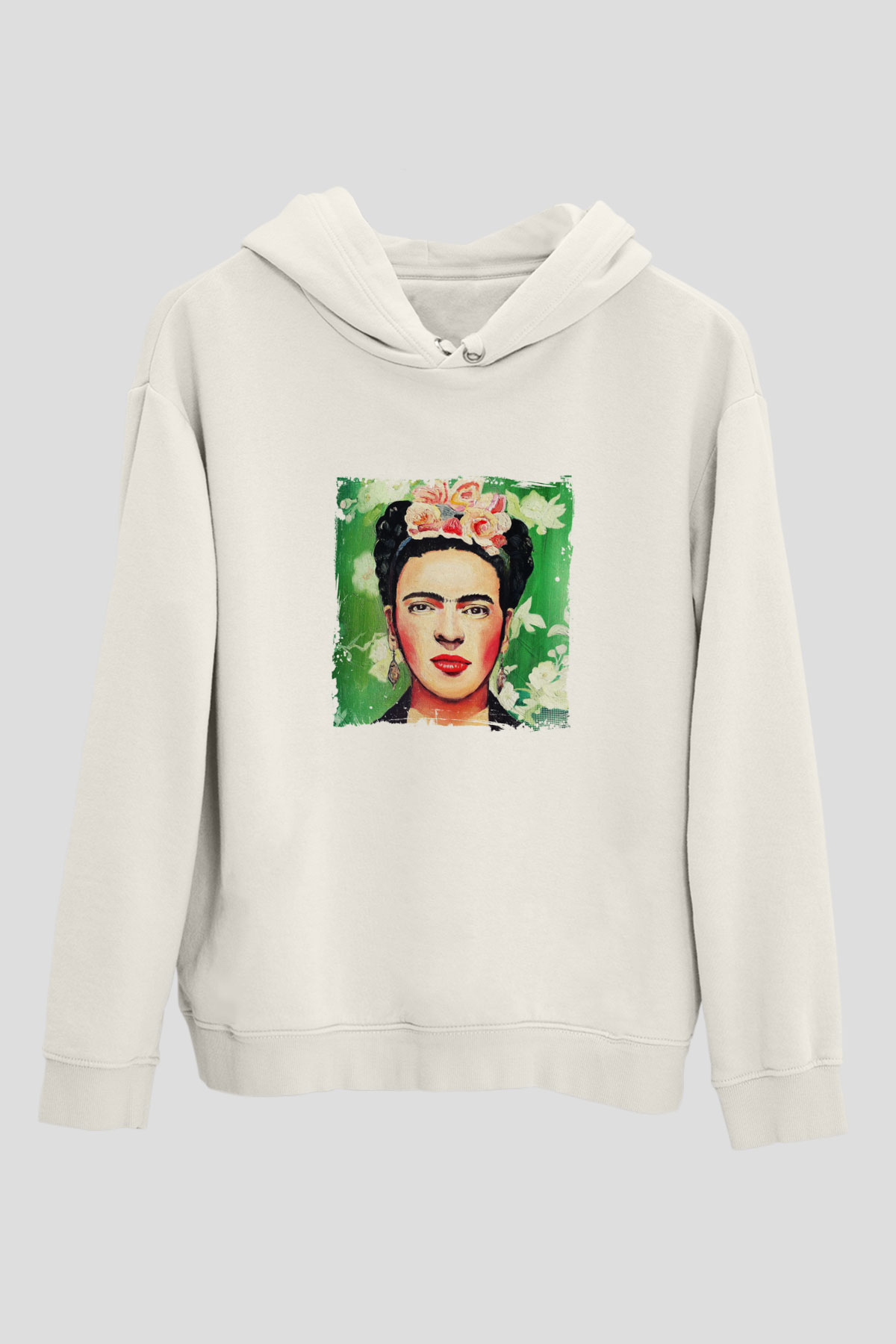 Frida Kahlo Unisex Baskılı Beyaz Kapüşonlu Sweatshirt