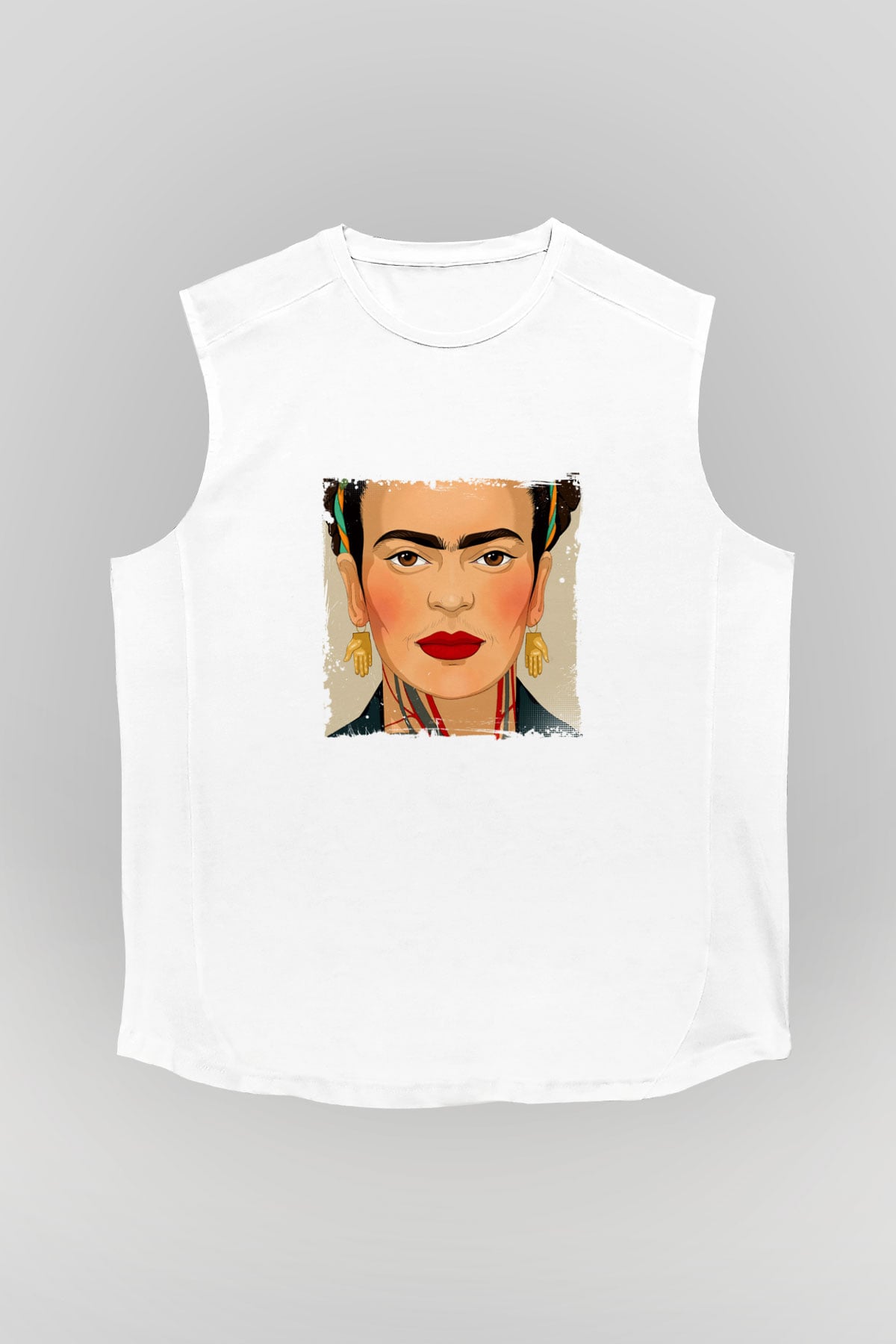 Frida Kahlo Unisex Baskılı Beyaz Kolsuz Tişört