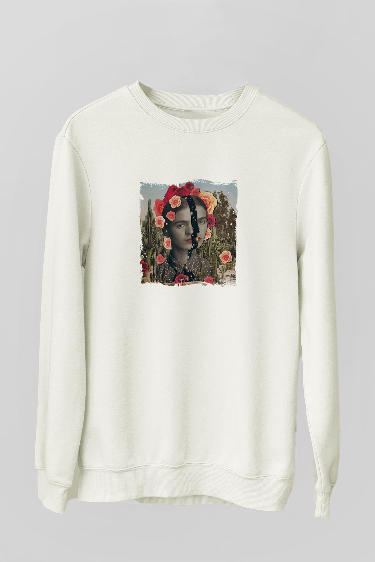 Frida Kahlo Unisex Baskılı Beyaz Sweatshirt