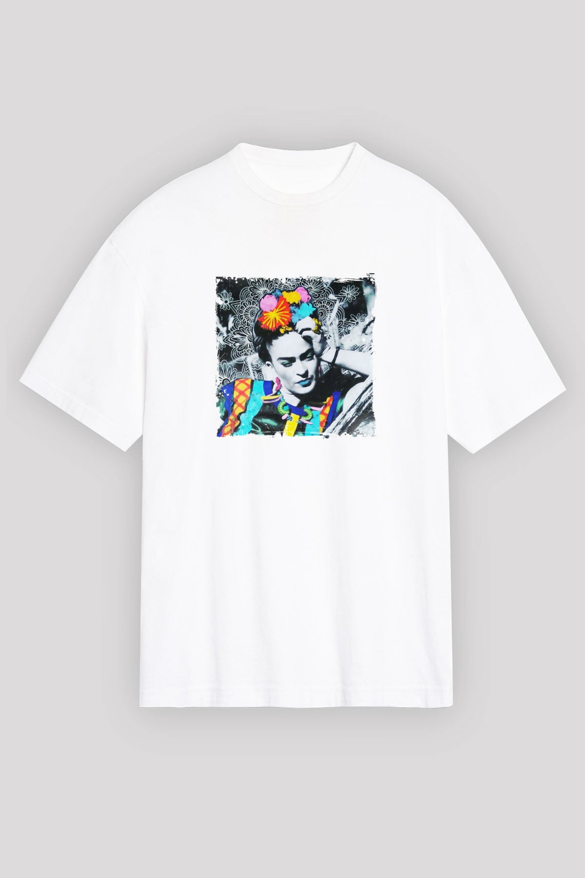 Frida Kahlo Oversize Baskılı Beyaz Tişört