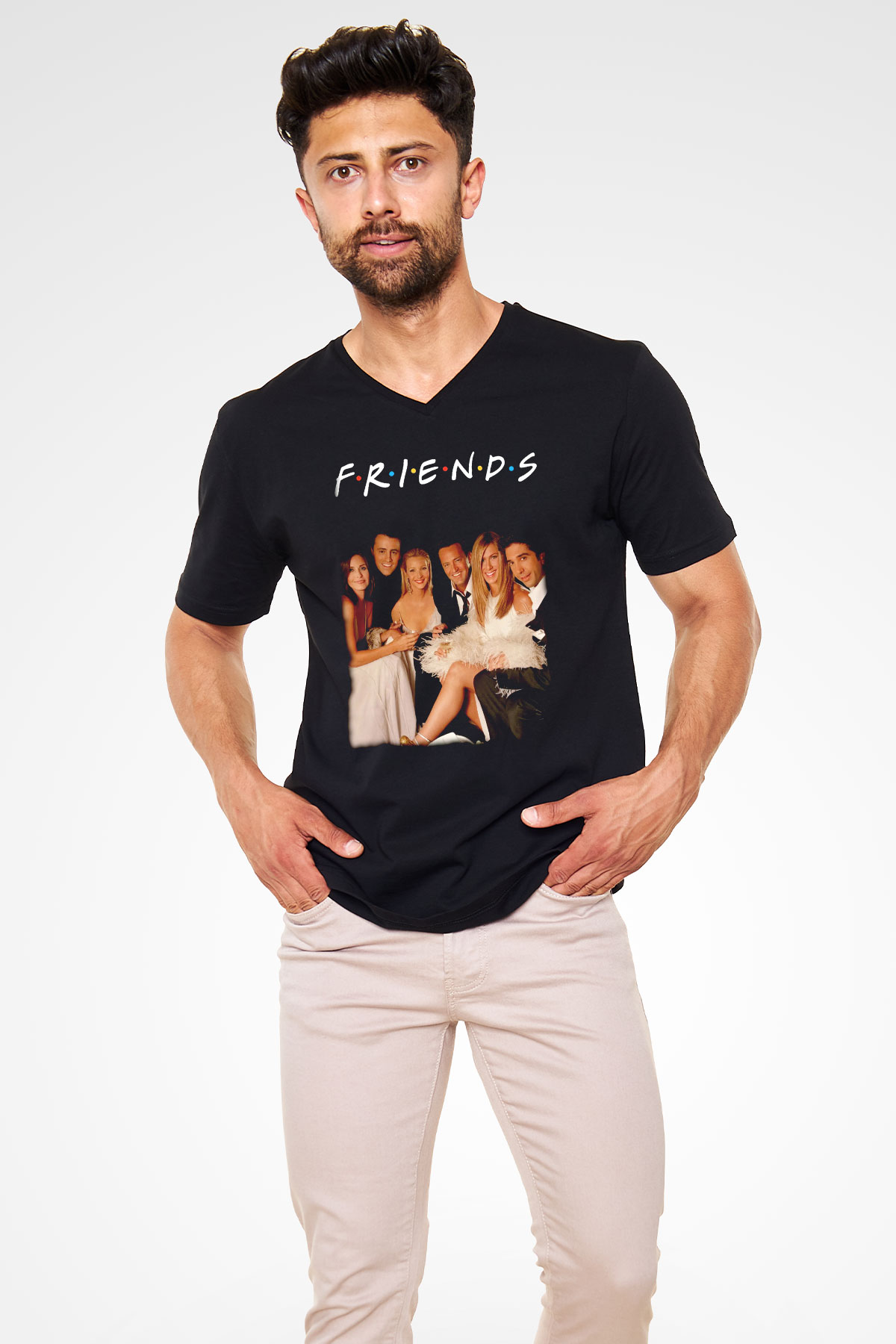 Friends Siyah Unisex  V Yaka Tişört