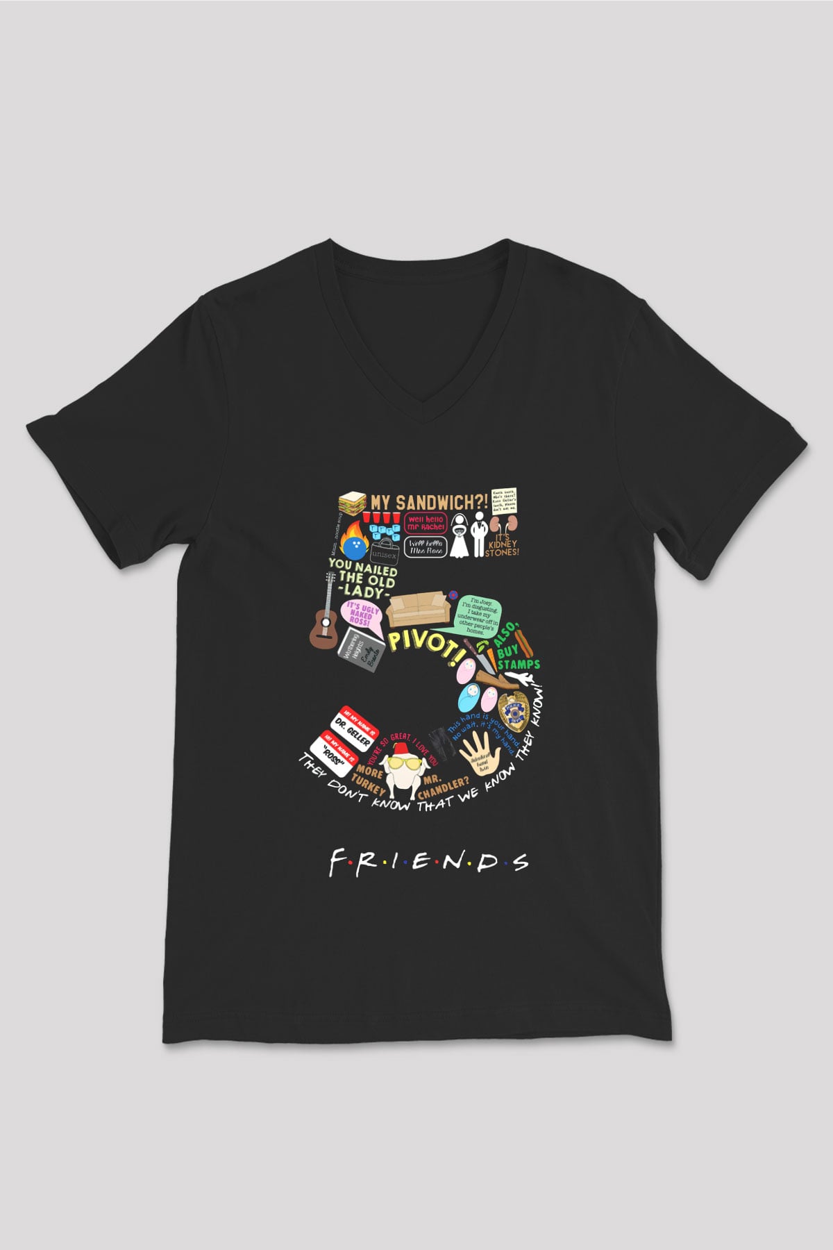 Friends Siyah Unisex V Yaka Tişört