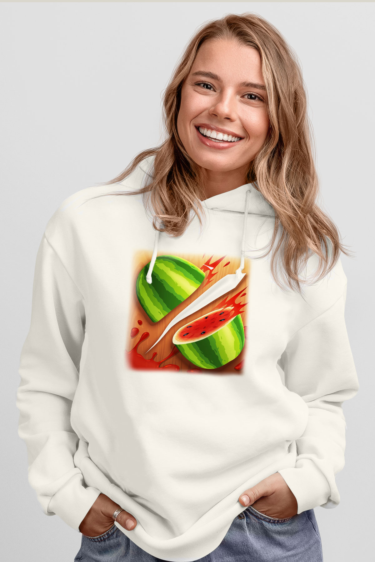 Fruit Ninja Beyaz Unisex Kapşonlu Sweatshirt