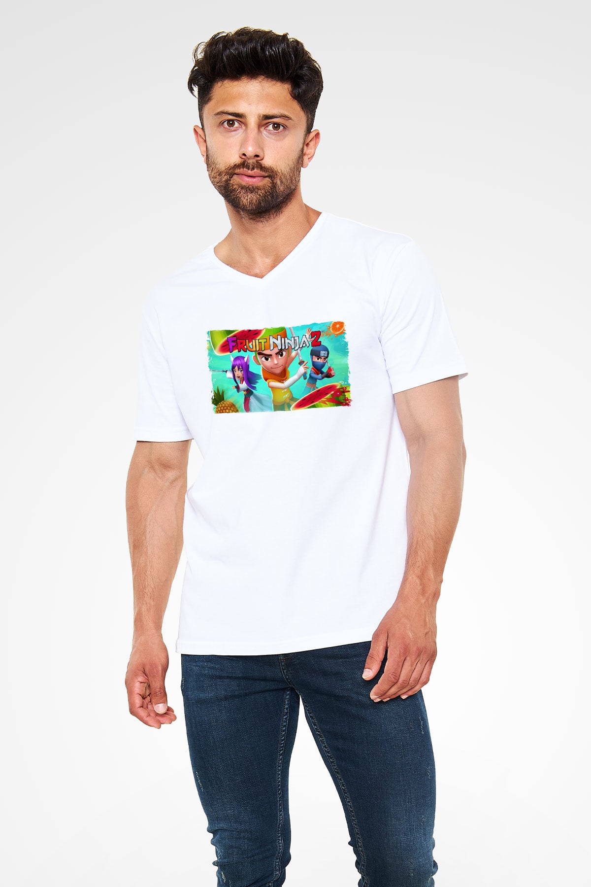 Fruit Ninja Beyaz Unisex V Yaka Tişört