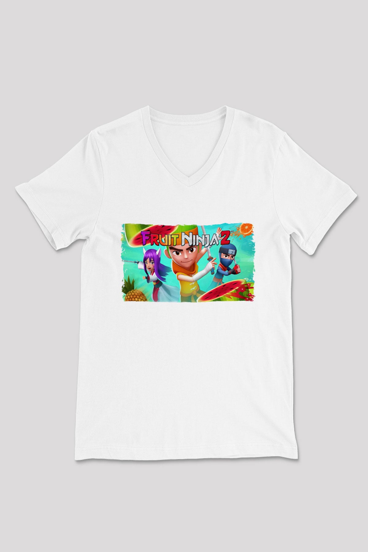 Fruit Ninja Beyaz Unisex V Yaka Tişört