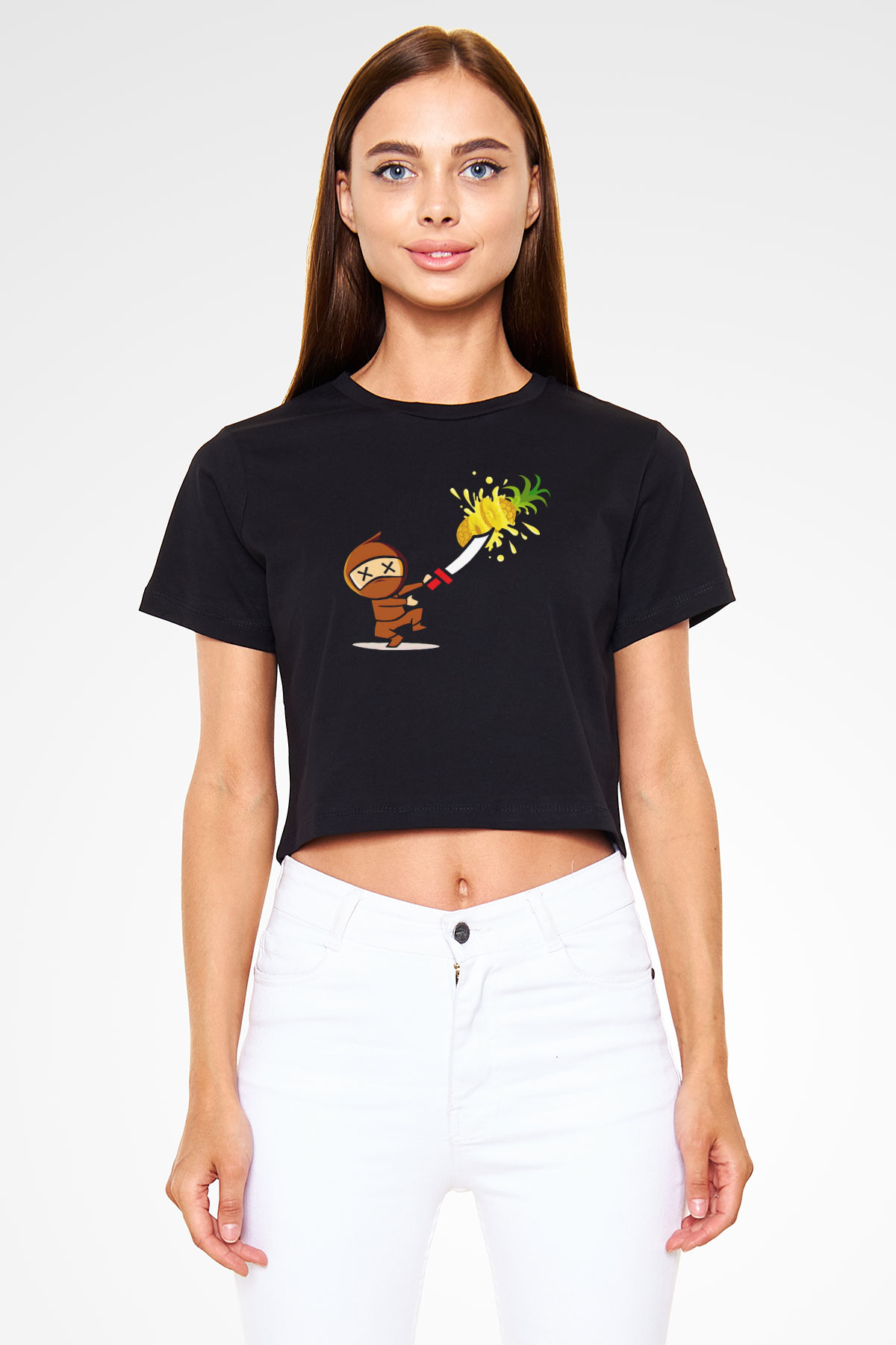 Fruit Ninja Siyah  Crop Top Tişört