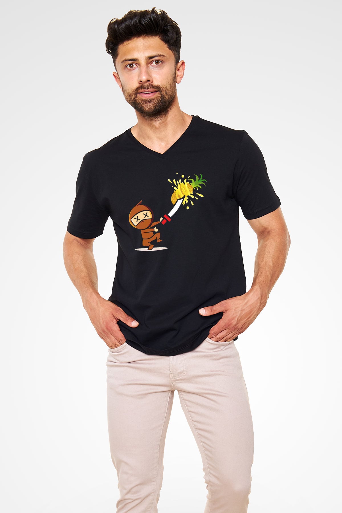 Fruit Ninja Siyah Unisex V Yaka Tişört