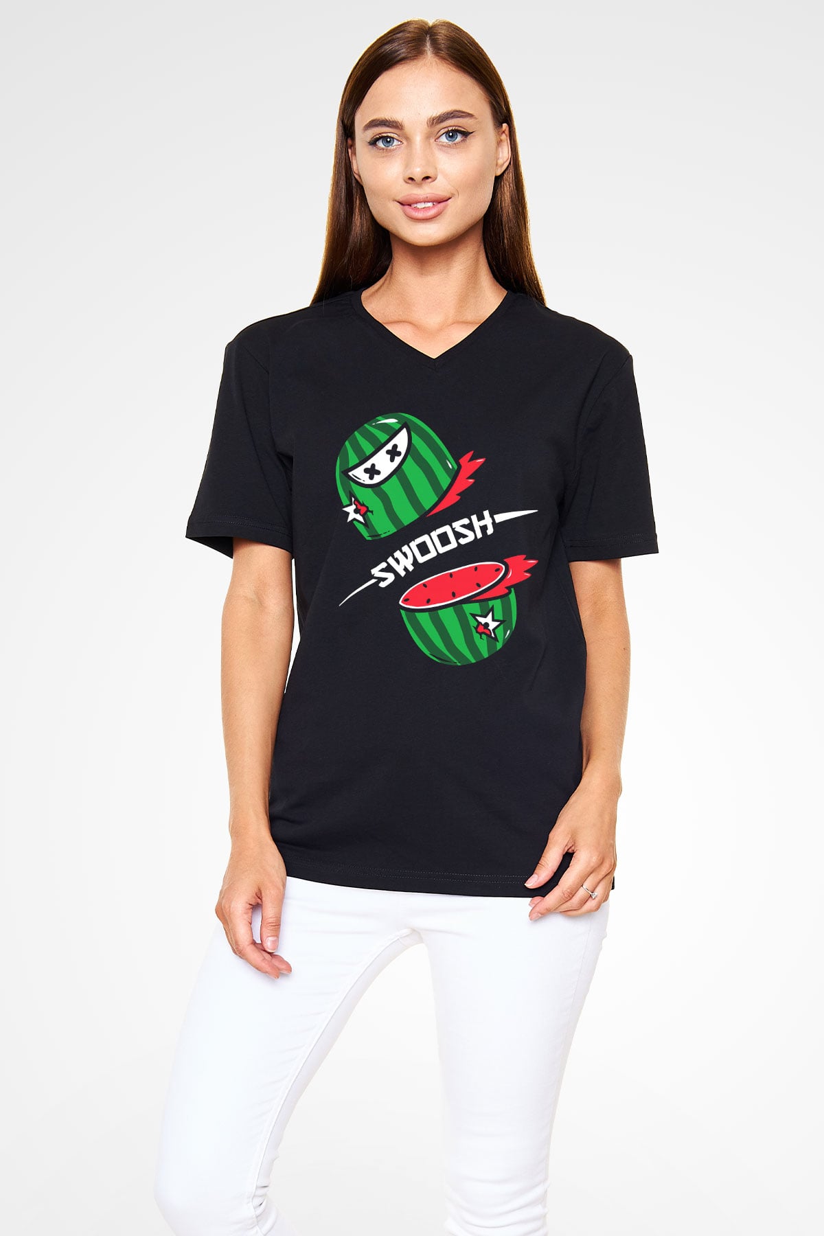 Fruit Ninja Siyah Unisex V Yaka Tişört