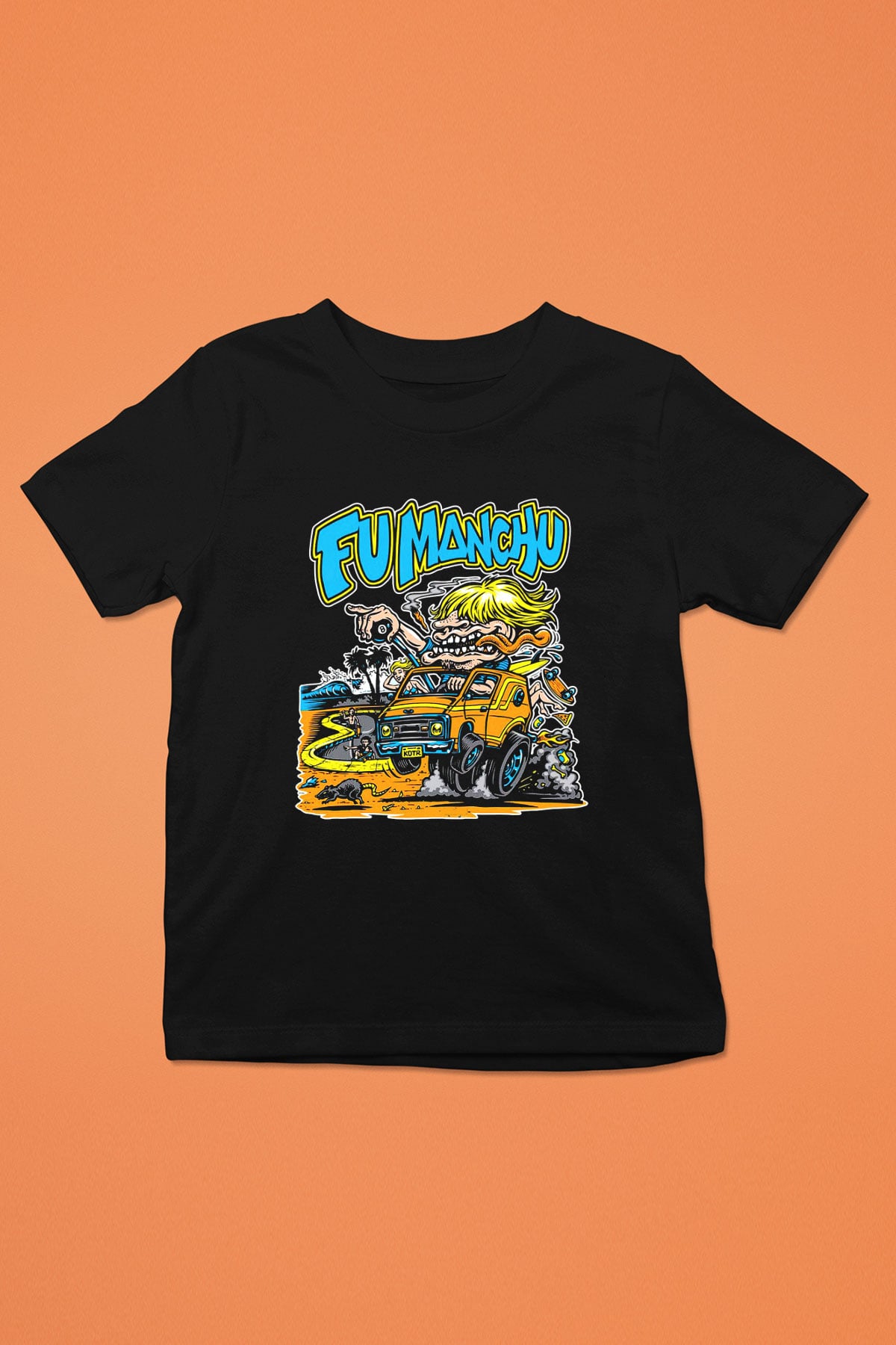 Fu Manchu Baskılı Siyah Unisex Çocuk Tişört