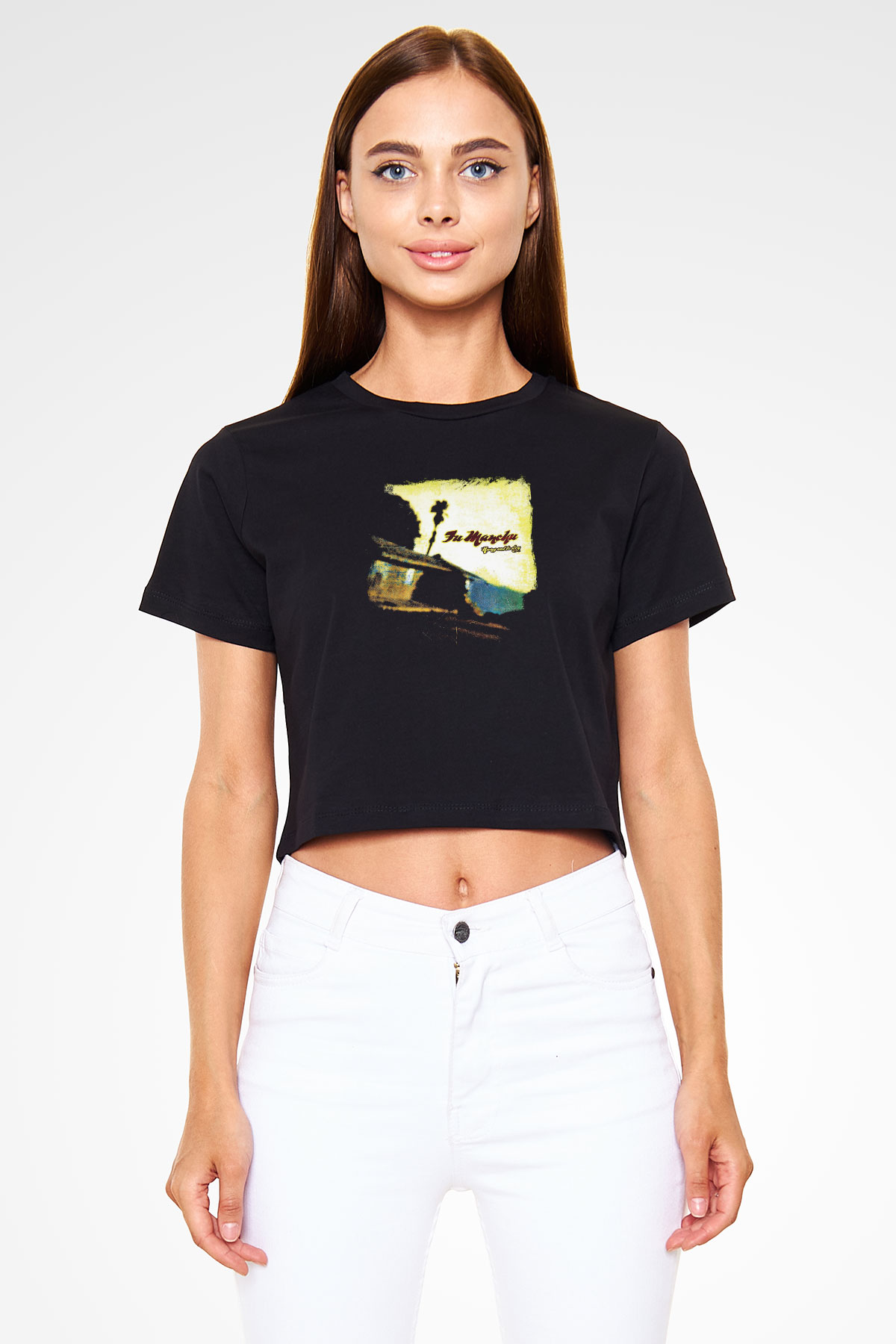 Fu Manchu Baskılı Unisex Siyah Crop Top Tişört