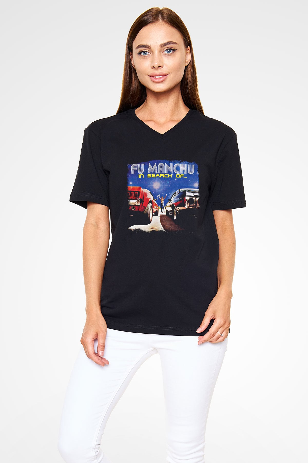 Fu Manchu Baskılı Unisex Siyah V Yaka Tişört
