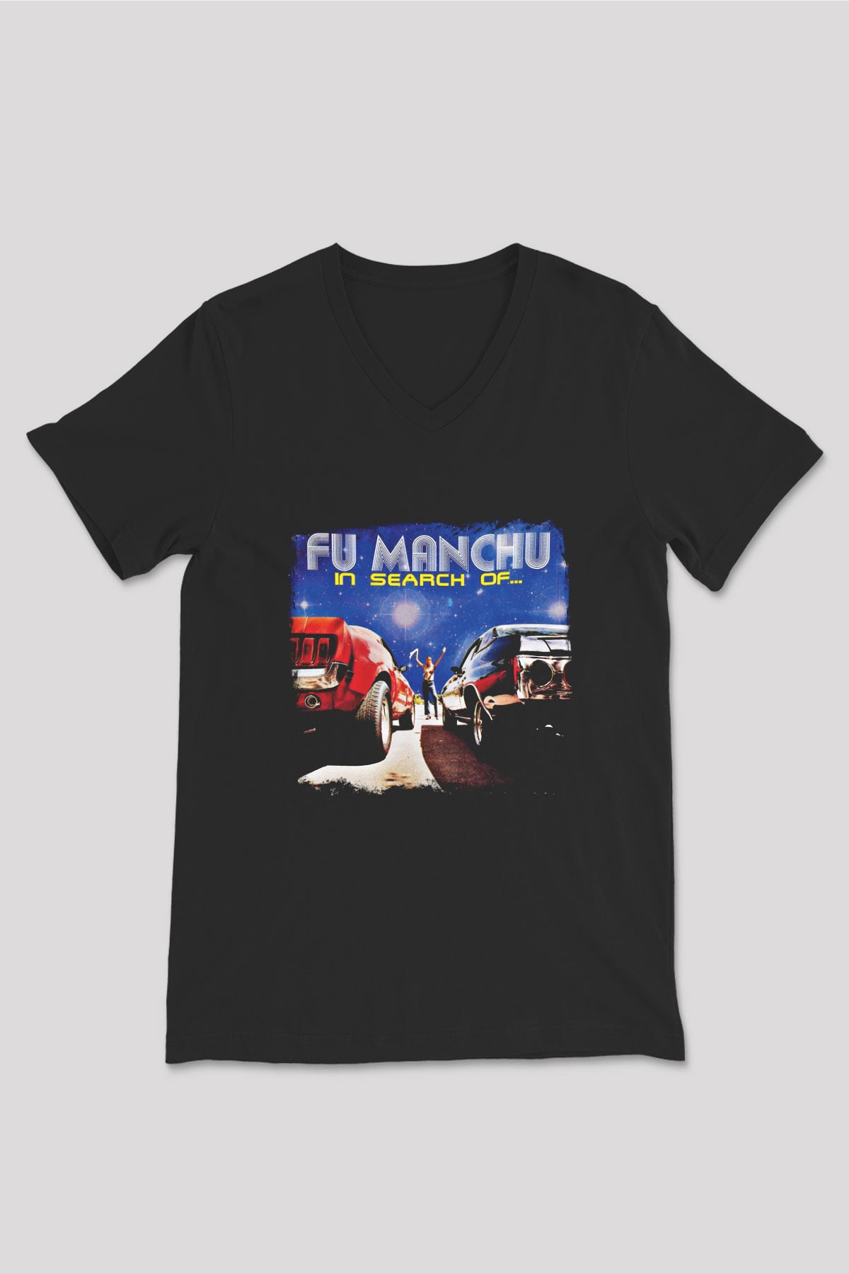 Fu Manchu Baskılı Unisex Siyah V Yaka Tişört