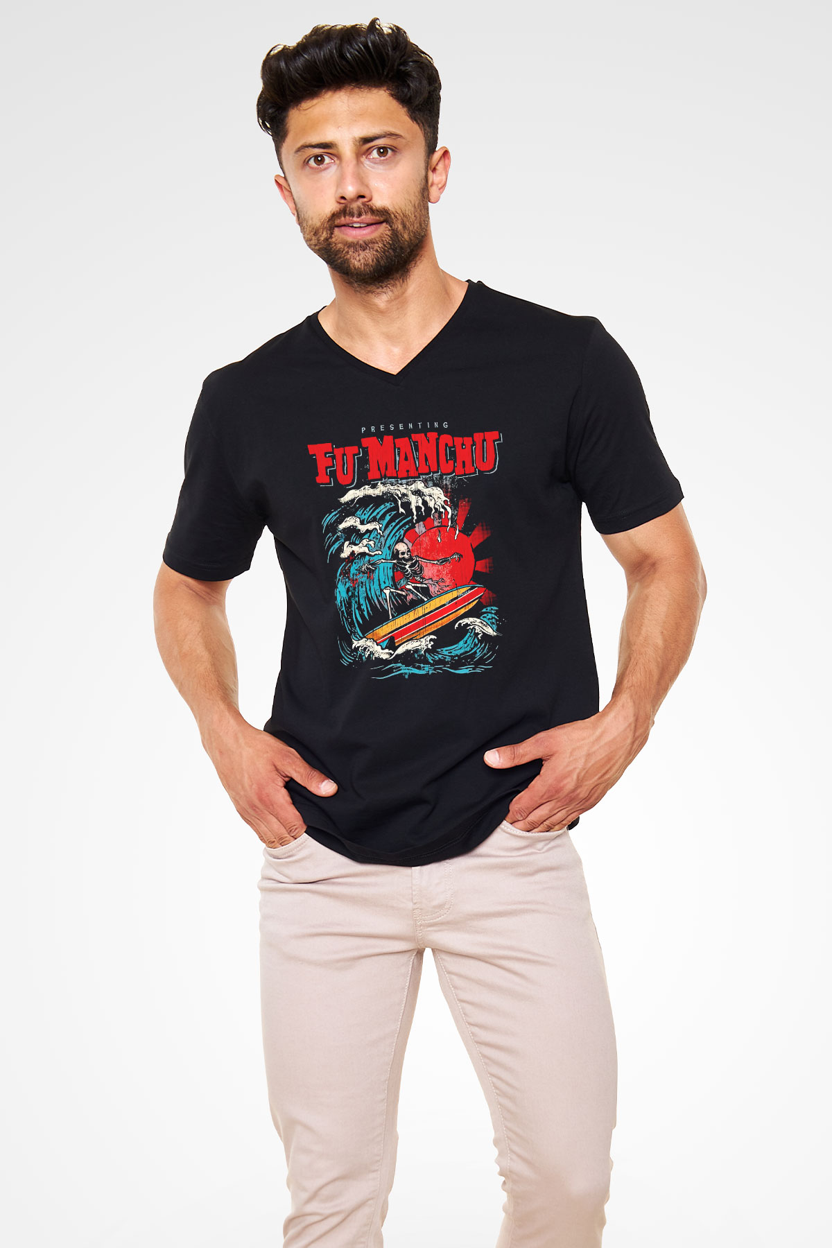 Fu Manchu Siyah Unisex V Yaka Tişört T-Shirt