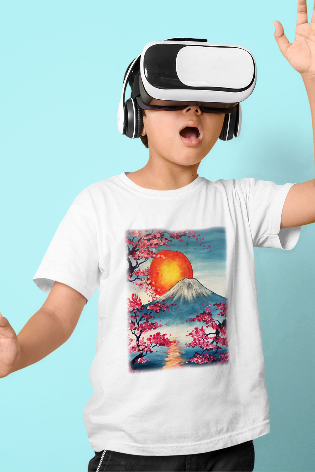 Fuji Dağı Baskılı Beyaz Unisex Çocuk Tişört