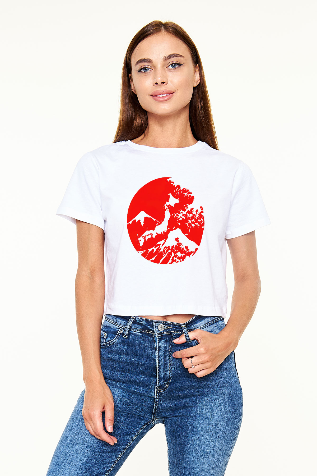 Fuji Dağı Beyaz Croptop Tişört
