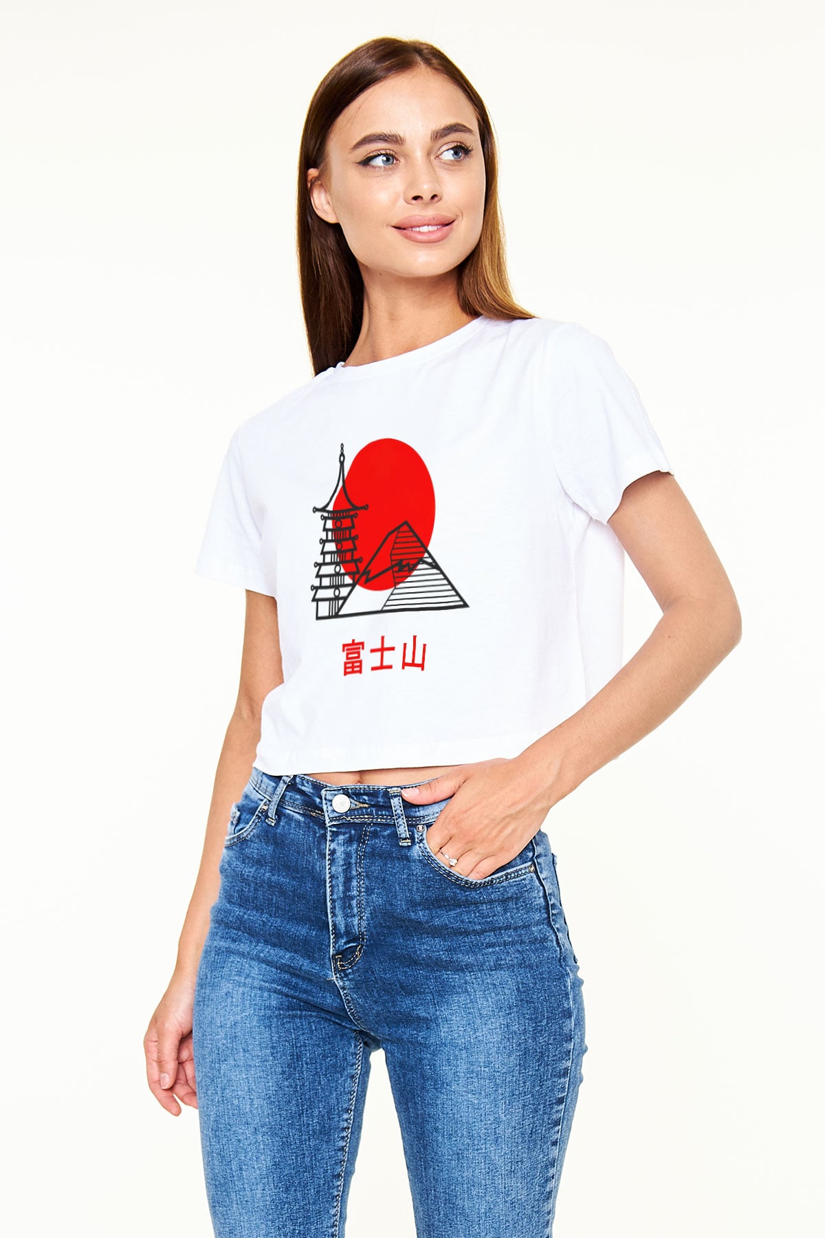 Fuji Dağı Beyaz Croptop Tişört