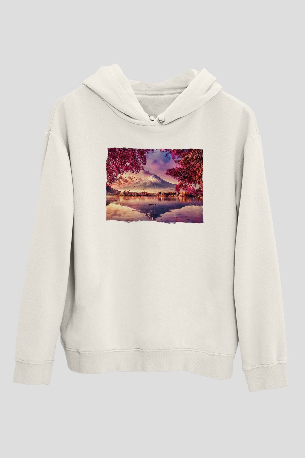 Fuji Dağı Beyaz Unisex Hoodie