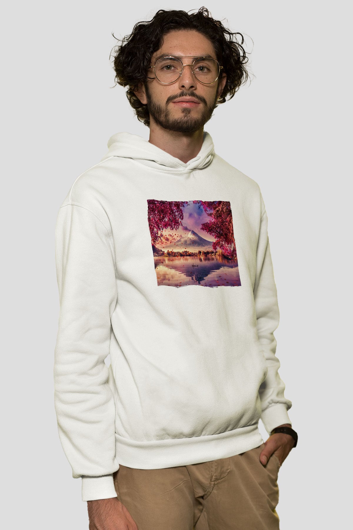Fuji Dağı Beyaz Unisex Hoodie