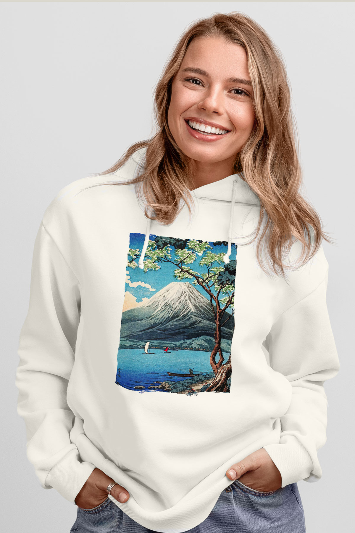 Fuji Dağı Beyaz Unisex Hoodie